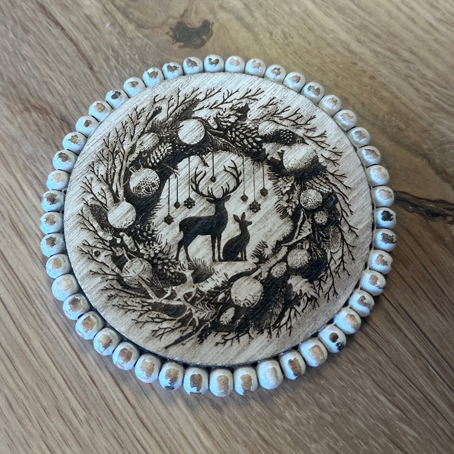 White Beaded Christmas Farmhouse Coaster Set - 4 Piece Set