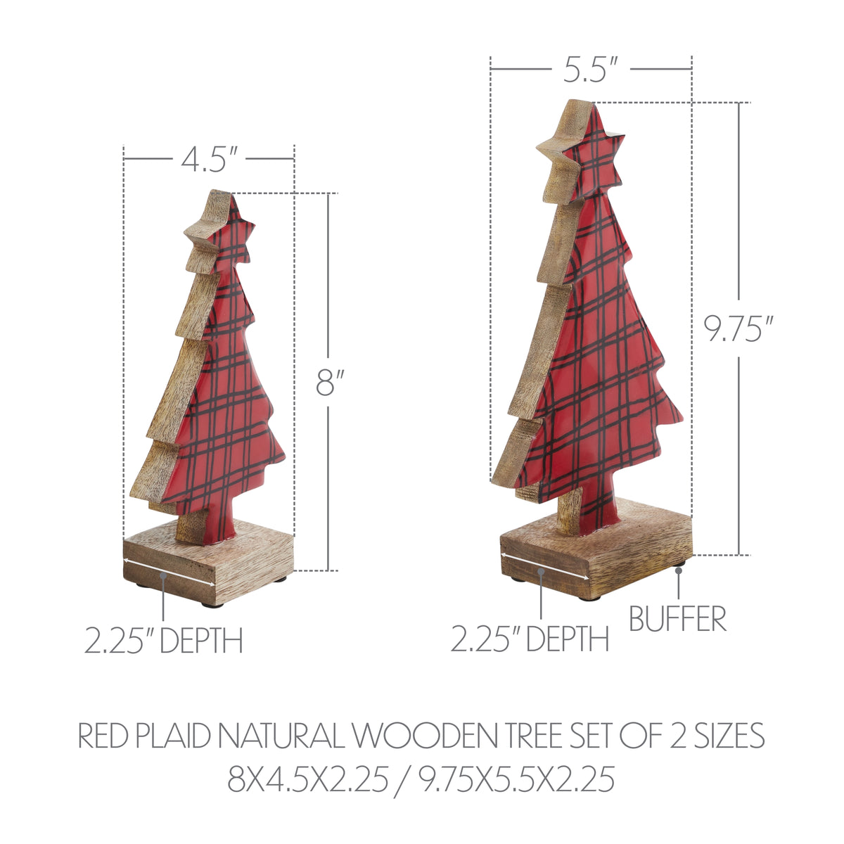 Red Plaid Natural Wooden Tree Set of 2 - 8x4.5x2.25/9.75x5.5x2.25