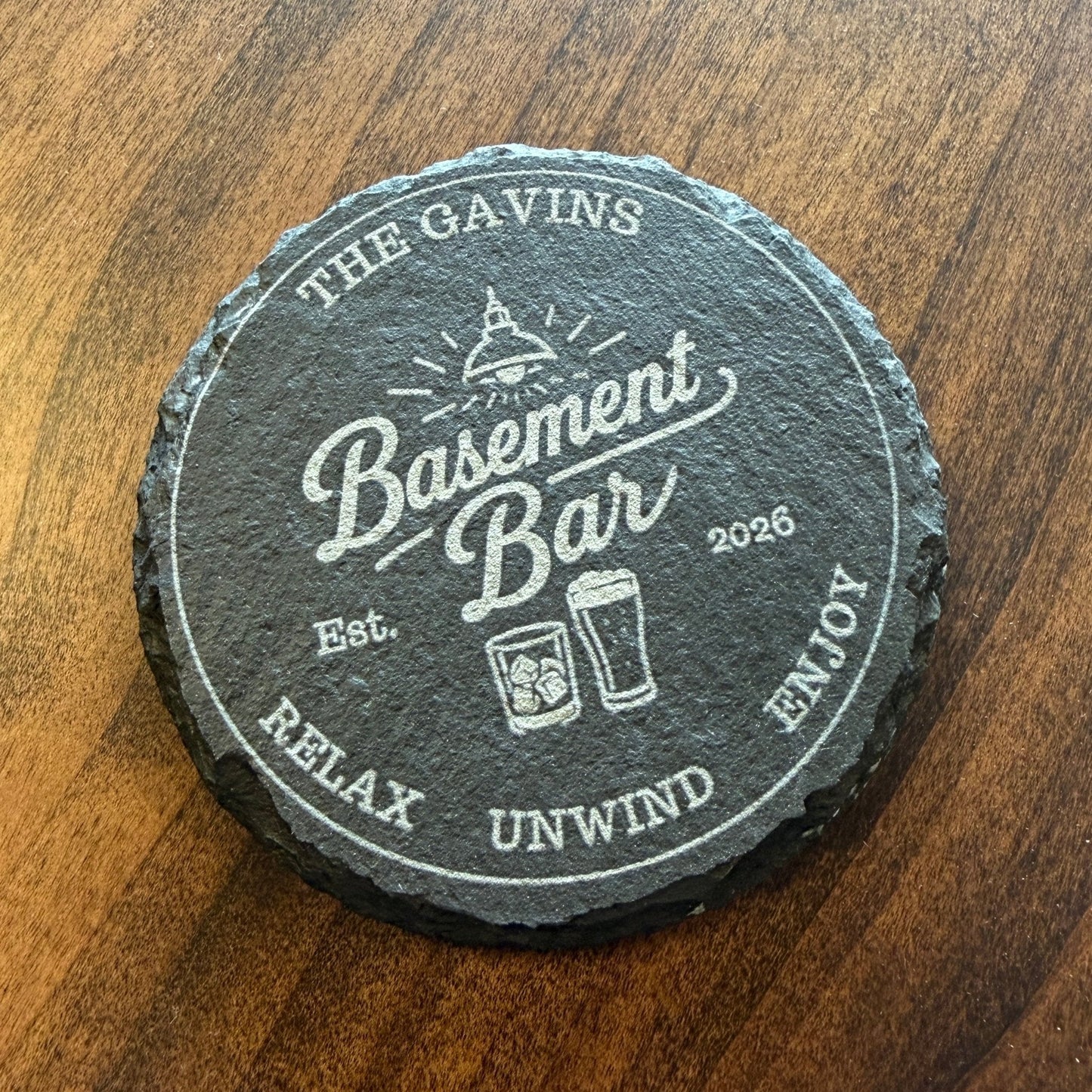 Personalized Basement Bar Slate Coaster Set – Custom Round Drink Coasters - Seeds & Sawdust
