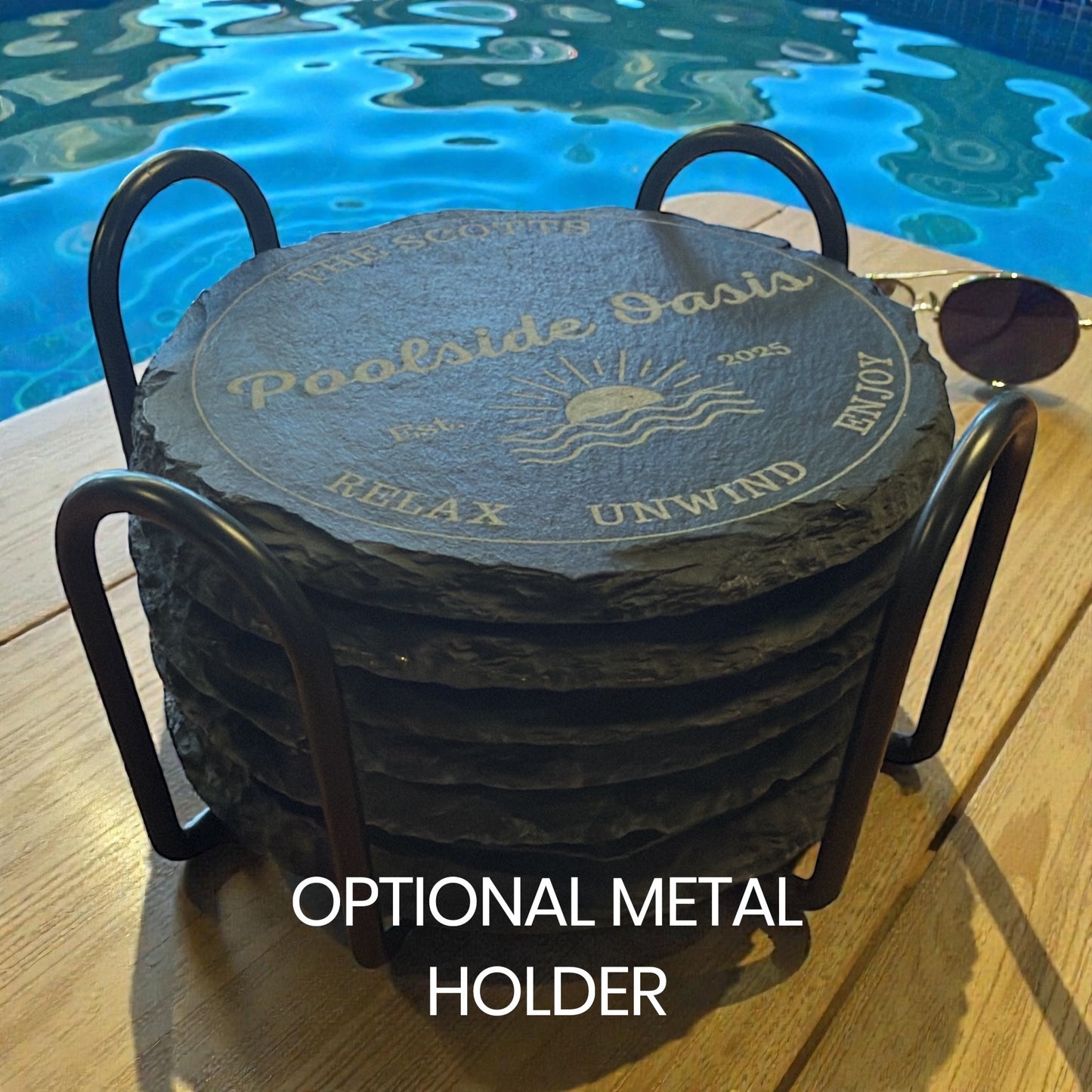 Personalized Poolside Slate Coaster Set β Custom Round Drink Coasters for Outdoor Summer Fun - Seeds & Sawdust
