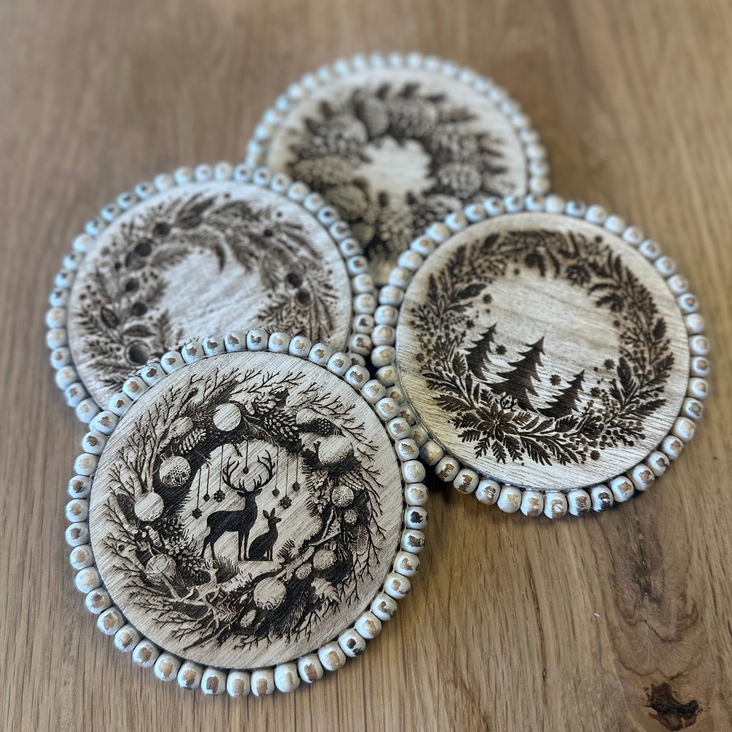 White Beaded Christmas Farmhouse Coaster Set - 4 Piece Set