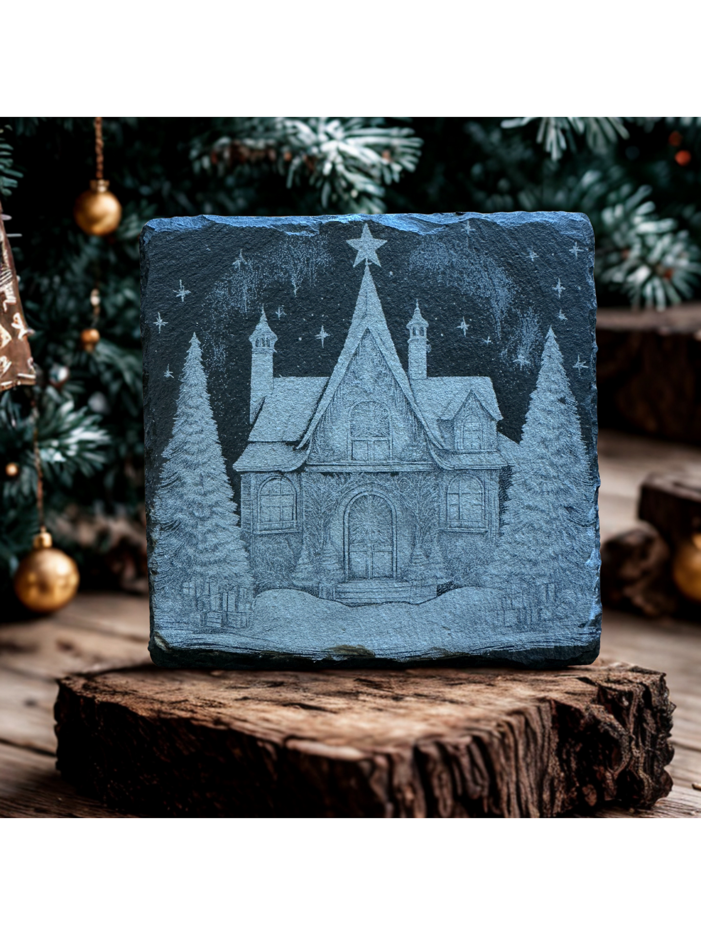 5-Piece Winter Village Slate Coaster Set – Unique Laser-Etched Christmas Designs