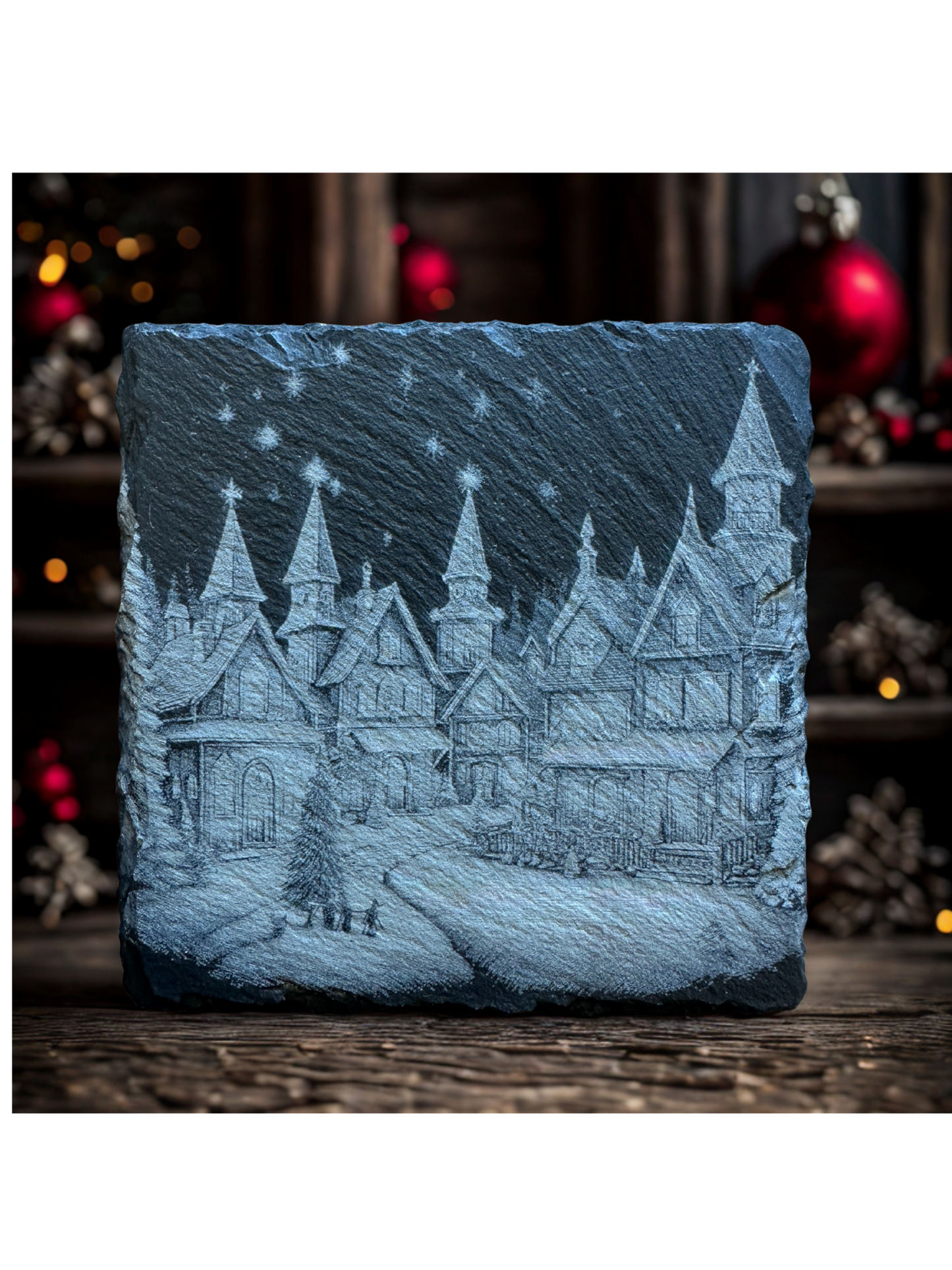 5-Piece Winter Village Slate Coaster Set – Unique Laser-Etched Christmas Designs