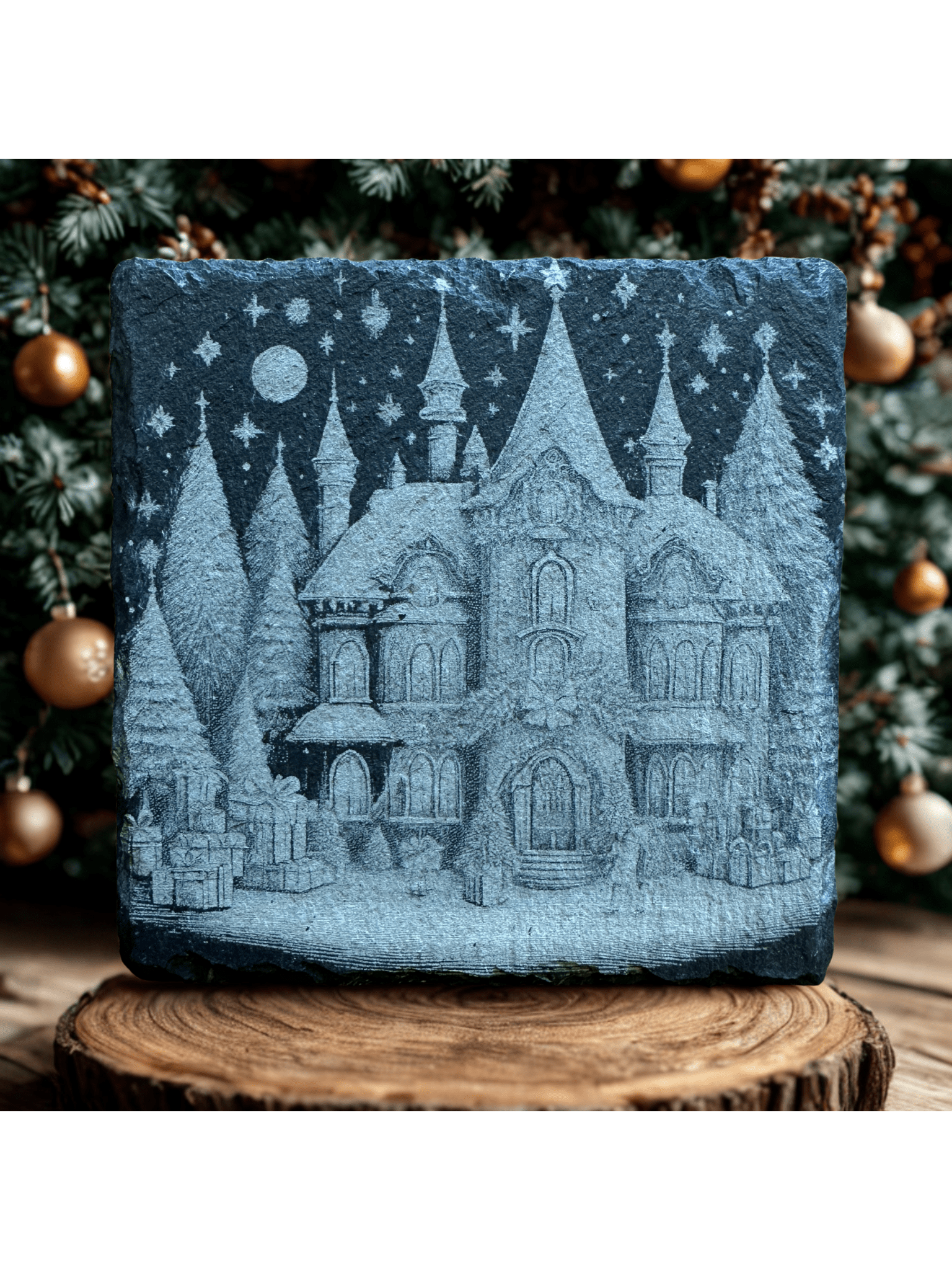 5 - Piece Winter Village Slate Coaster Set – Unique Laser - Etched Christmas Designs - Seeds & Sawdust