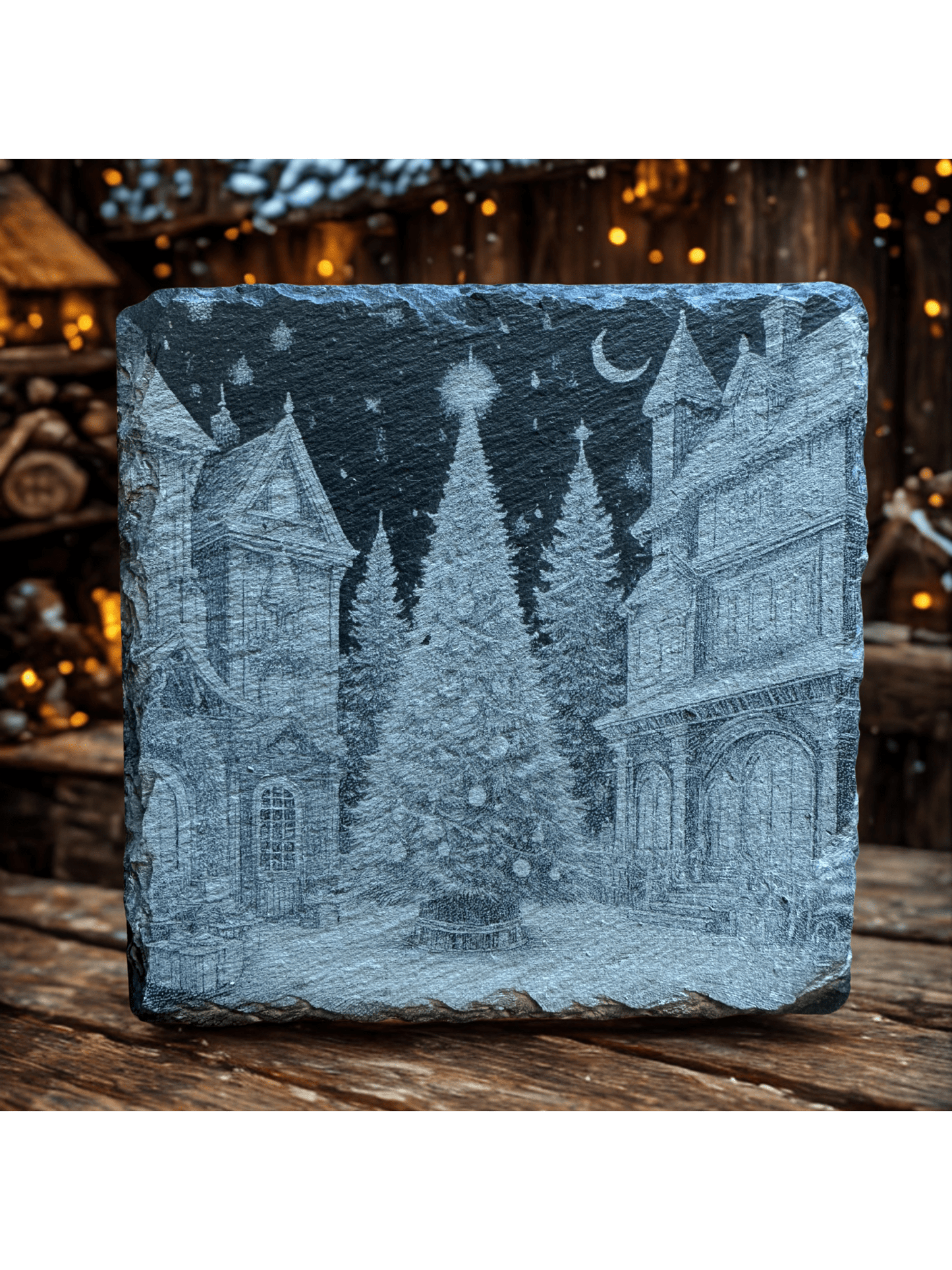 5 - Piece Winter Village Slate Coaster Set – Unique Laser - Etched Christmas Designs - Seeds & Sawdust