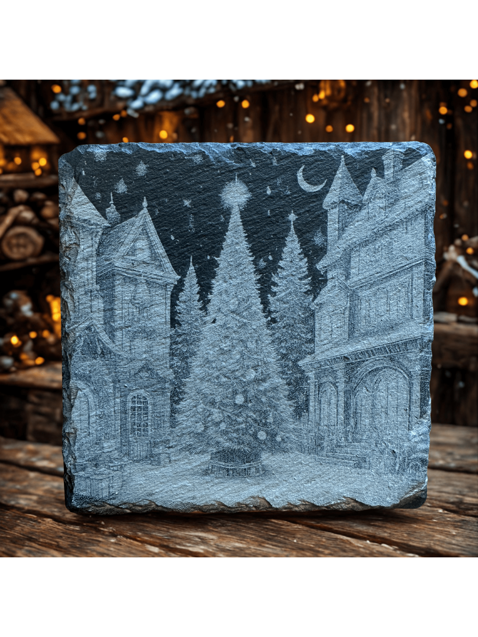 5 - Piece Winter Village Slate Coaster Set – Unique Laser - Etched Christmas Designs - Seeds & Sawdust