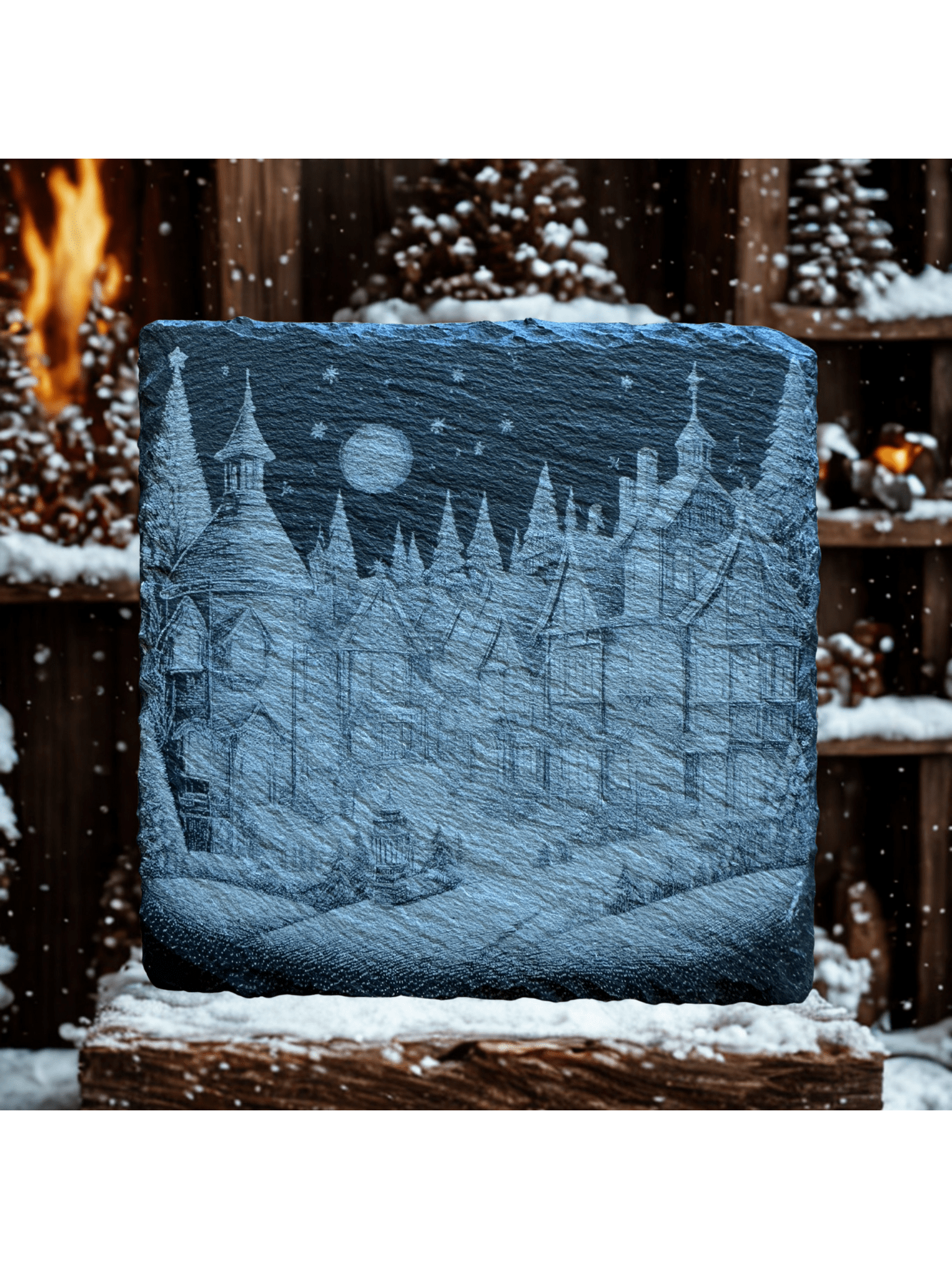 5 - Piece Winter Village Slate Coaster Set – Unique Laser - Etched Christmas Designs - Seeds & Sawdust