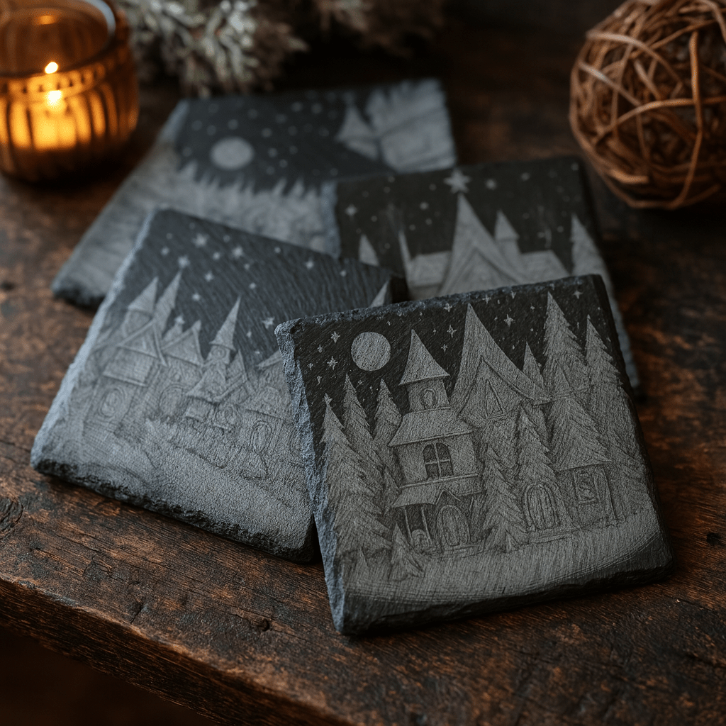 5 - Piece Winter Village Slate Coaster Set – Unique Laser - Etched Christmas Designs - Seeds & Sawdust