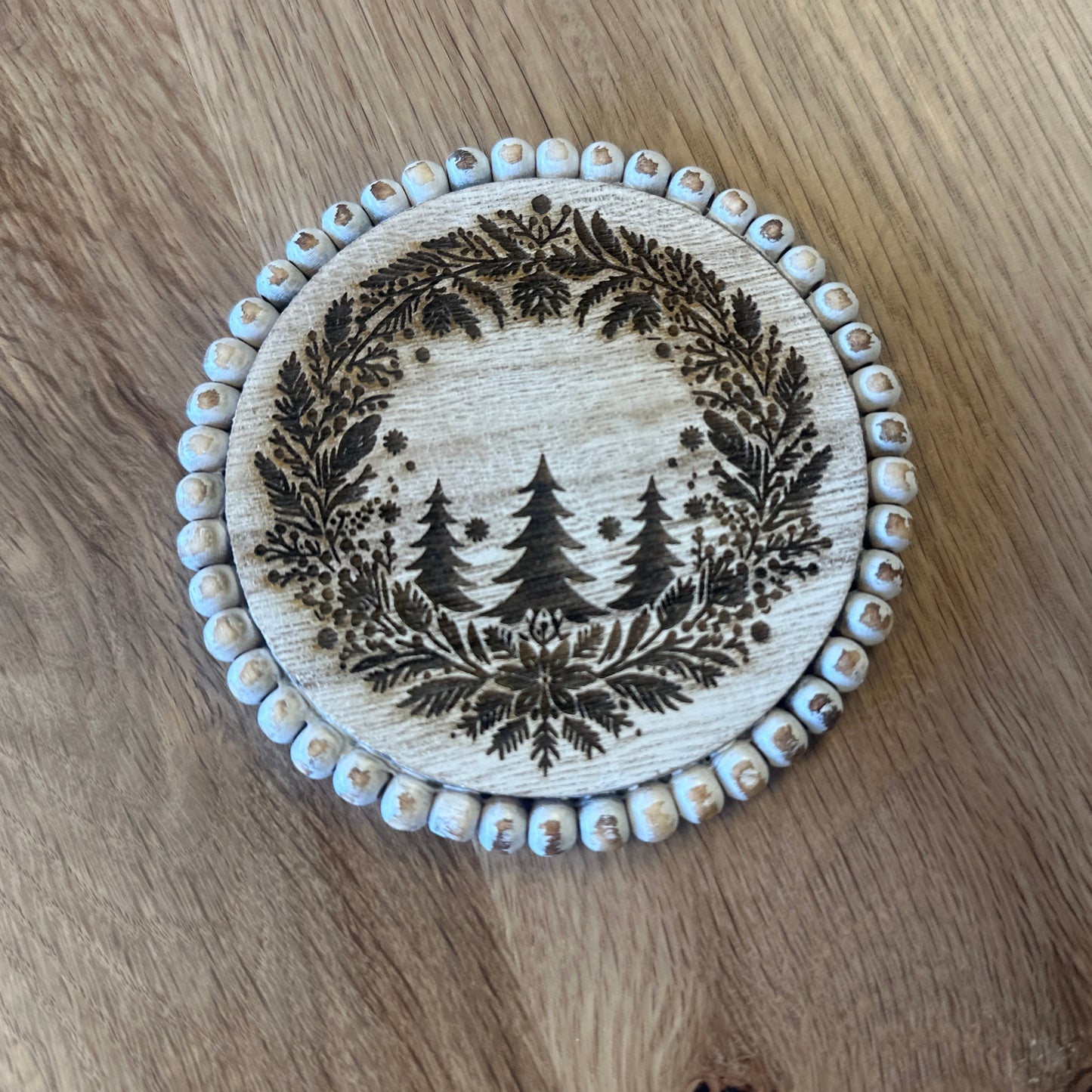 White Beaded Christmas Farmhouse Coaster Set - 4 Piece Set