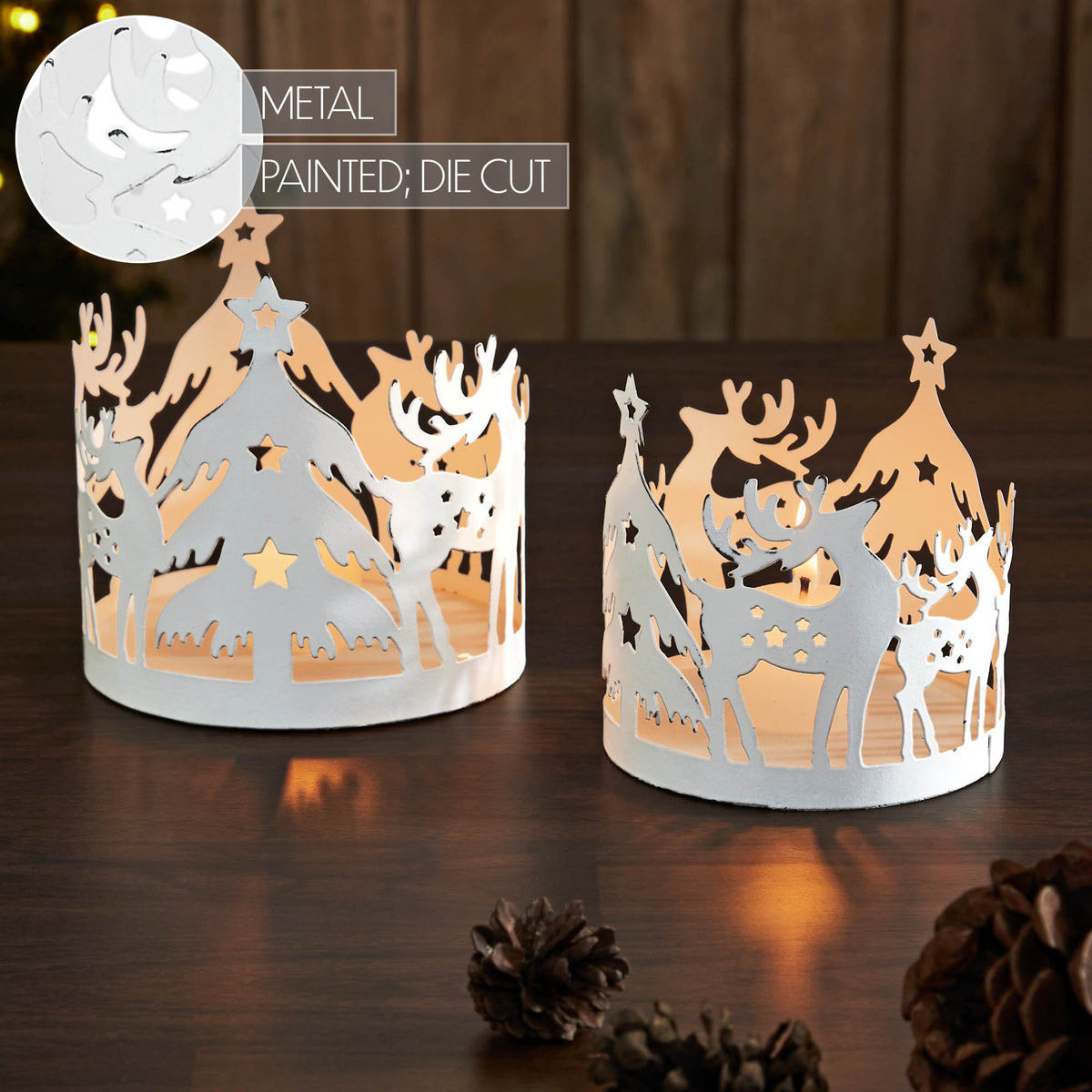 Winter Reindeer White Metal Candle Holder Set of 2 - 4.12/4.8 inch