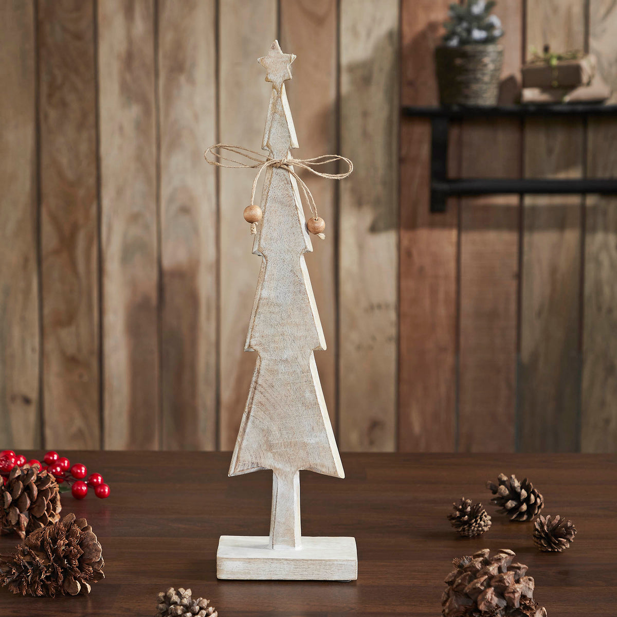 Star Top Christmas Tree Narrow White Wooden Figurine