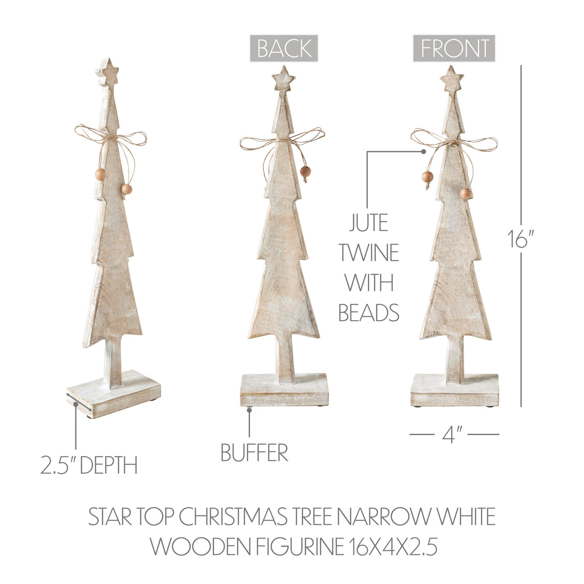 Star Top Christmas Tree Narrow White Wooden Figurine