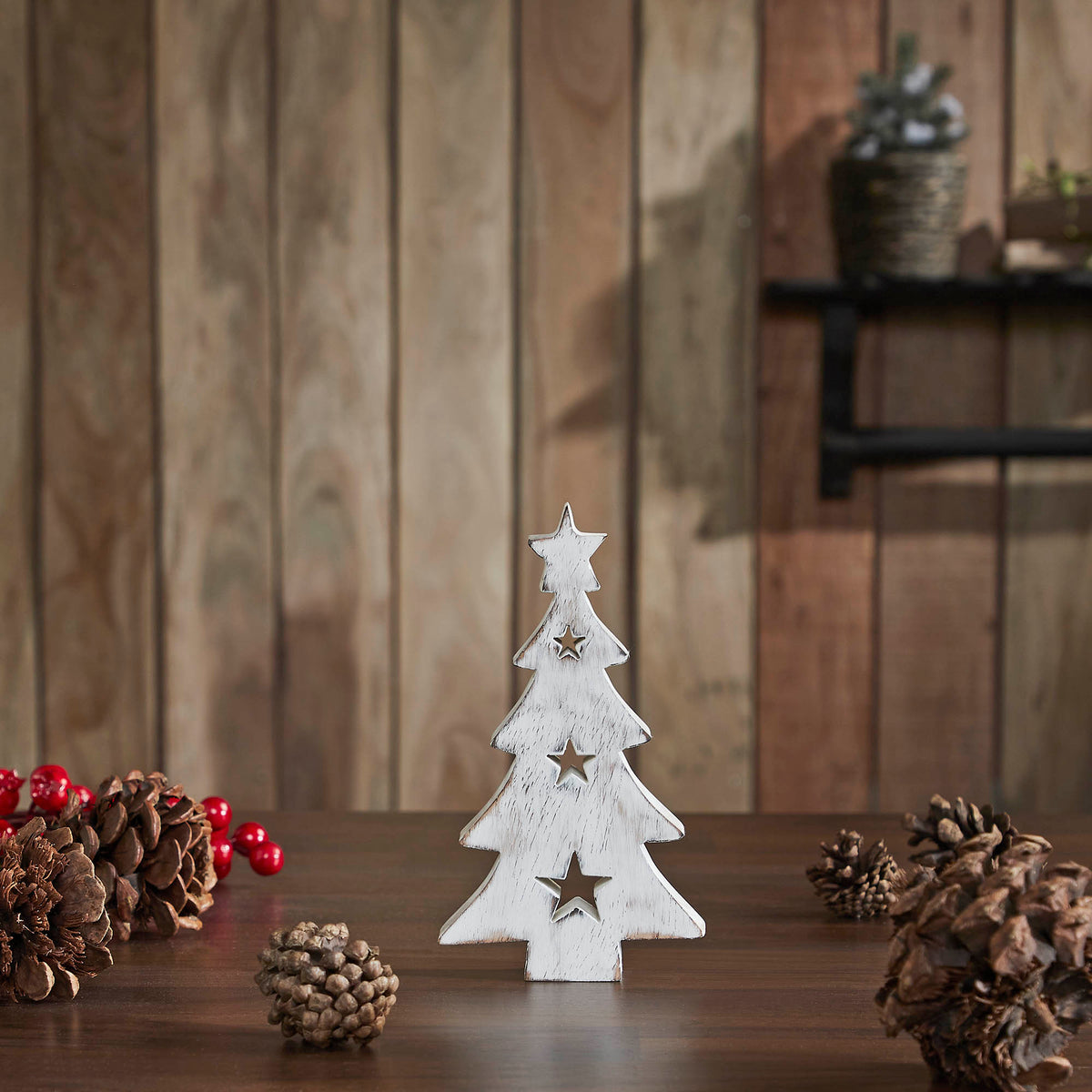 Christmas Tree w/ Stars White Wooden Figurine