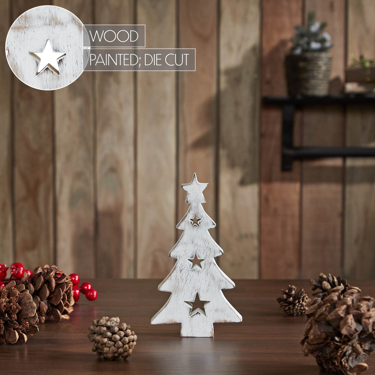 Christmas Tree w/ Stars White Wooden Figurine