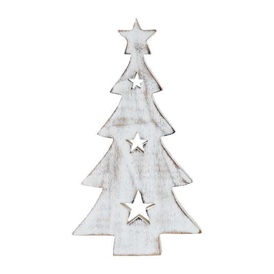 Christmas Tree w/ Stars White Wooden Figurine 10x5.75x1