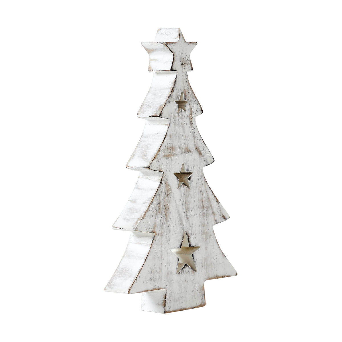 Christmas Tree w/ Stars White Wooden Figurine