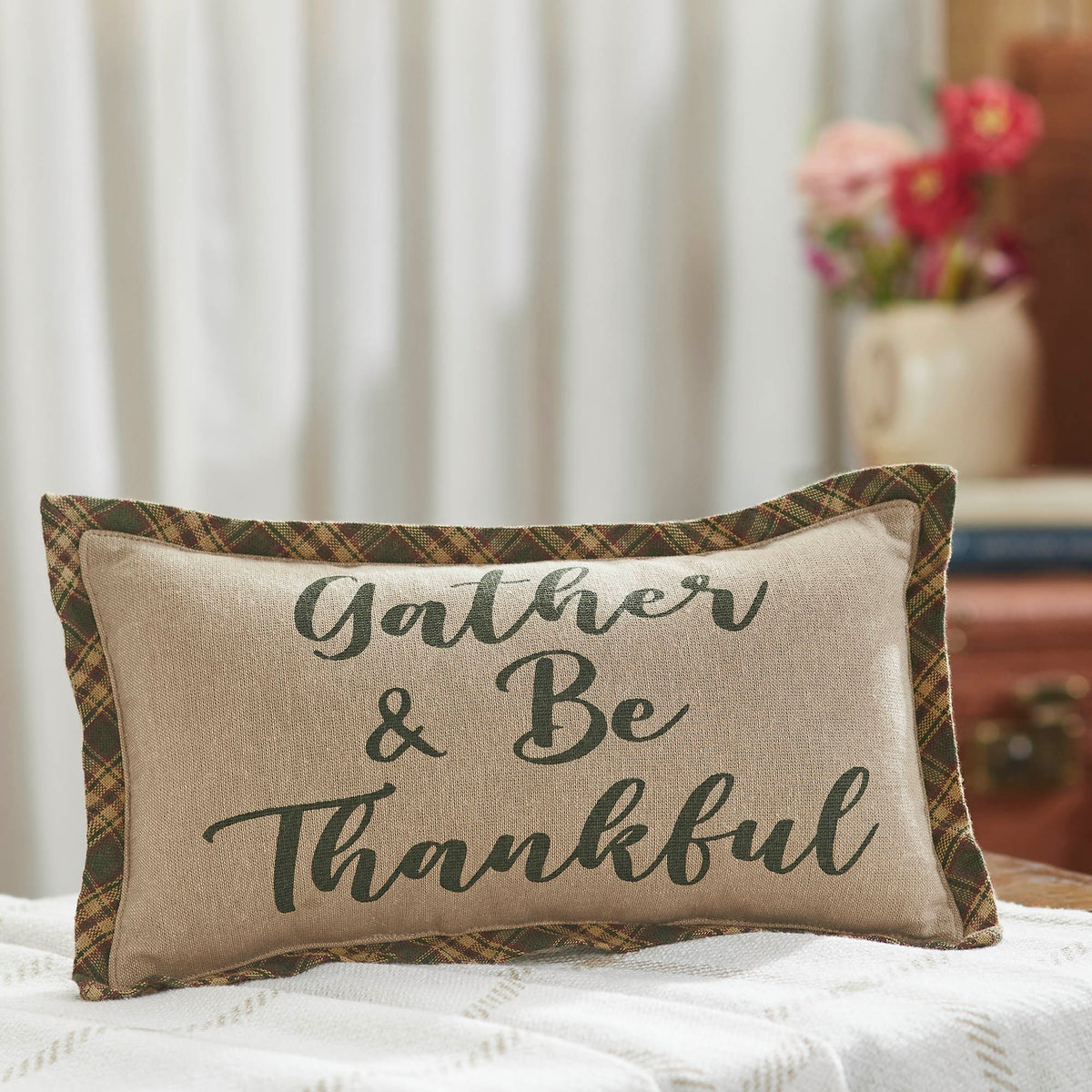 VHC Brands Harvest Blessings Gather & Be Thankful Fall Farmhouse Decorative Accent Pillow, Autumn Thanksgiving Home Decor, 7x