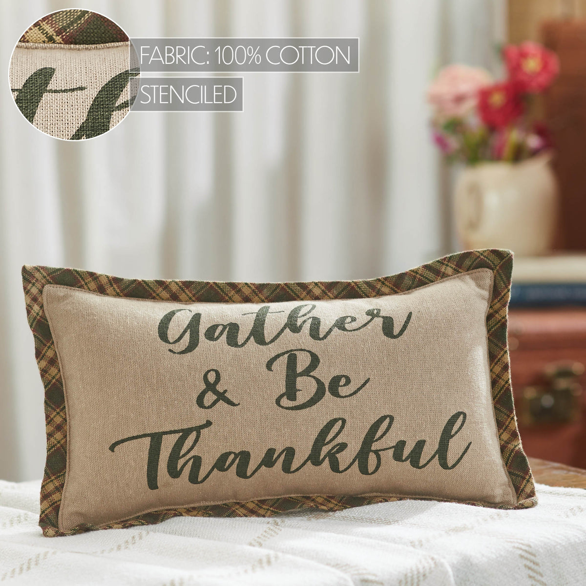 VHC Brands Harvest Blessings Gather & Be Thankful Fall Farmhouse Decorative Accent Pillow, Autumn Thanksgiving Home Decor, 7x