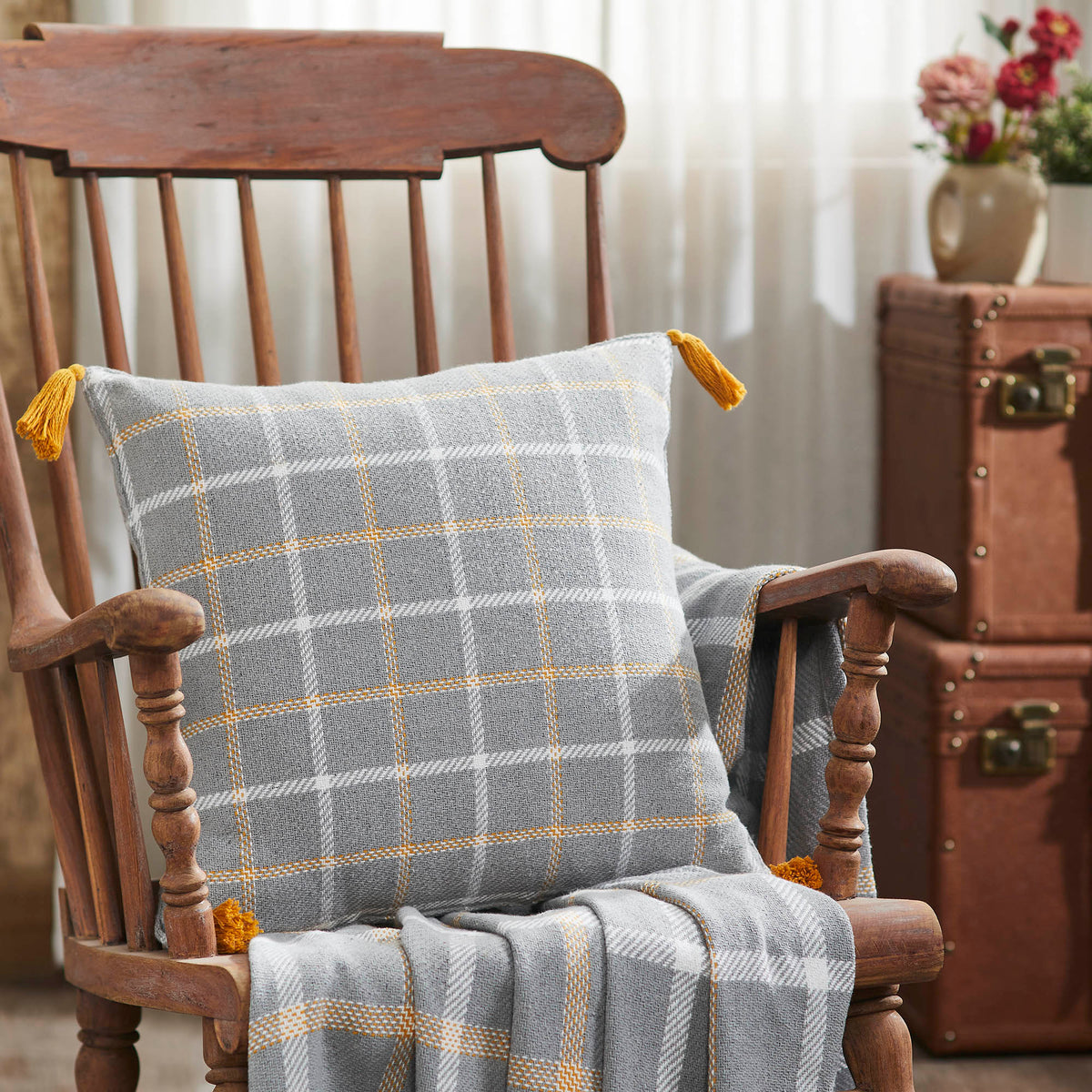 Harvest Blessings Farmhouse Rustic Woven Plaid Decorative Throw Pillow 18x18, Autumn Fall Accent