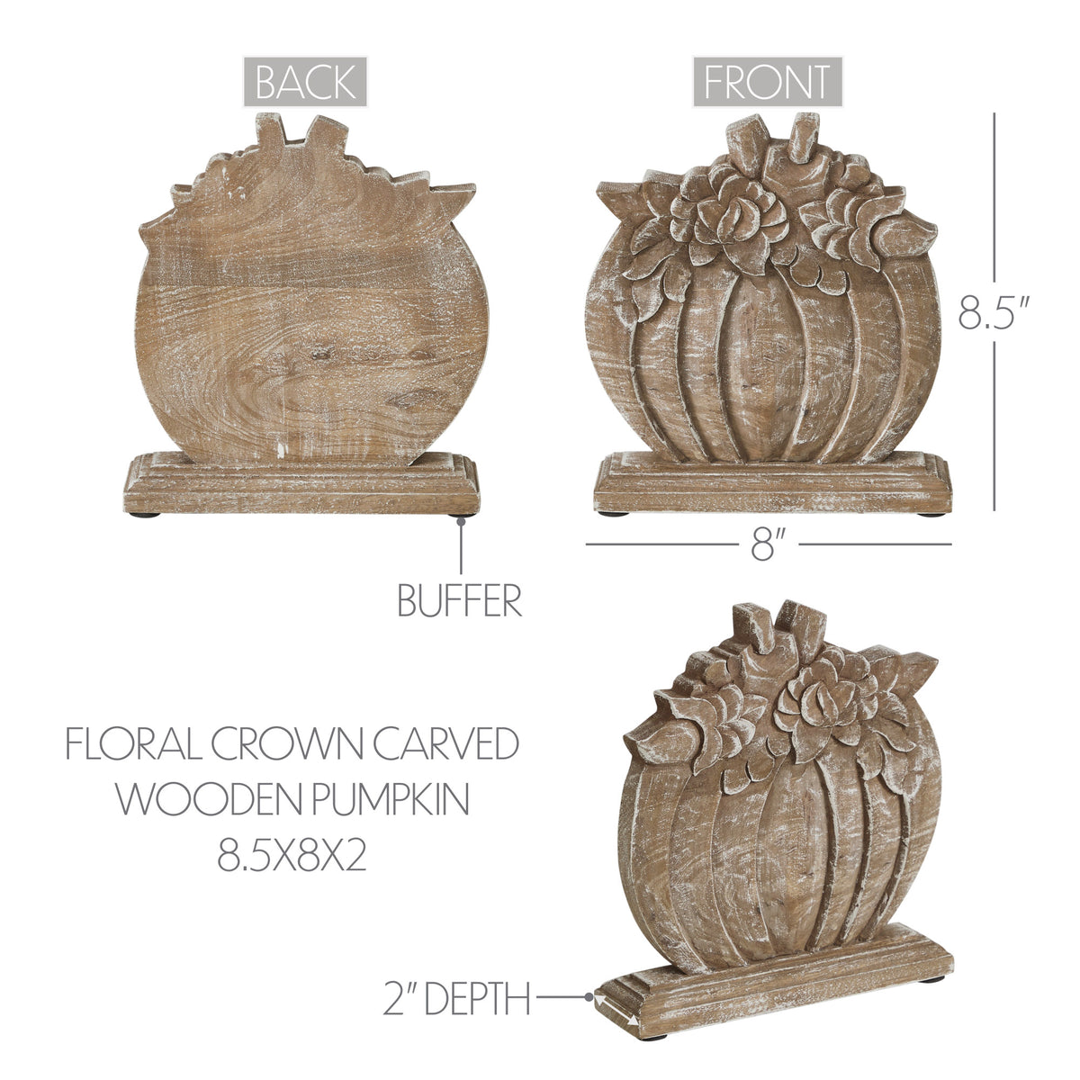 Rustic Farmhouse Carved Wooden Floral Crown Pumpkin Autumn Fall Harvest Tabletop Decor 8.5x8x2 Inch