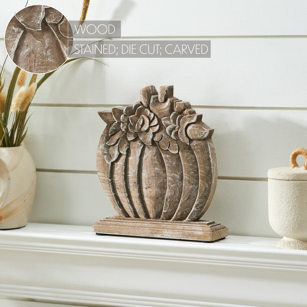 Rustic Farmhouse Carved Wooden Floral Crown Pumpkin Autumn Fall Harvest Tabletop Decor 8.5x8x2 Inch