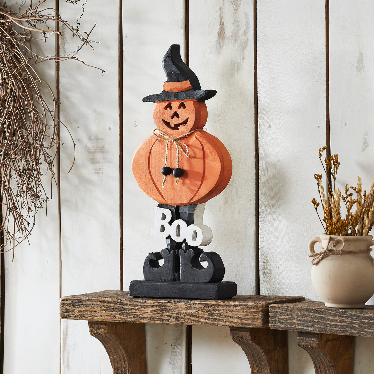 Boo Wooden Jack O Lantern Halloween Fall Seasonal Decor Rustic Carved Wood Tabletop Accent 15.5 H x 7.25 W x 2 D