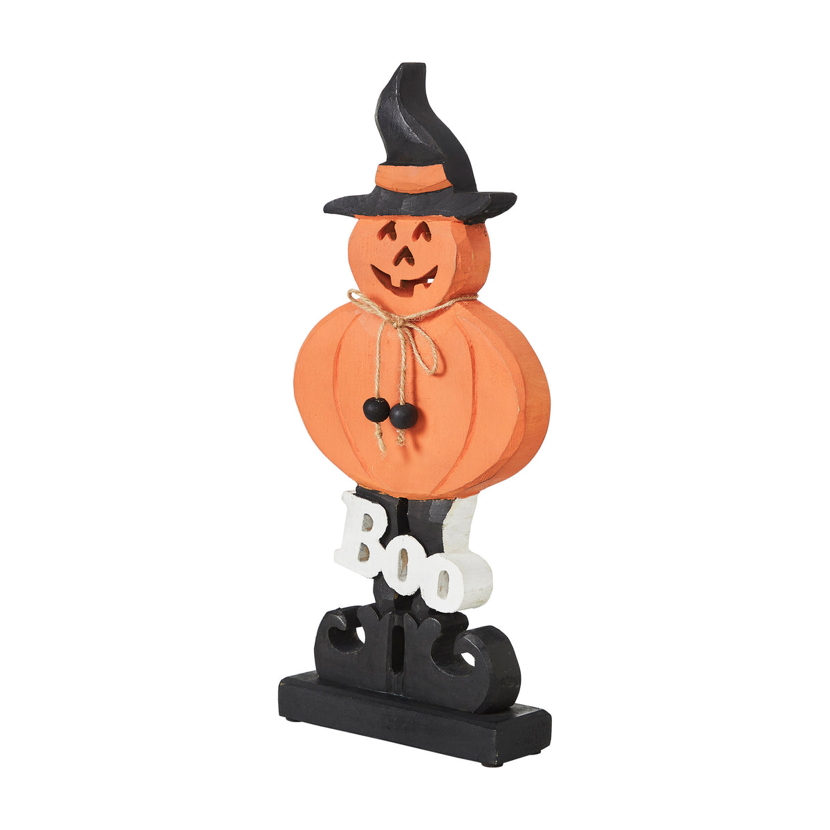 Boo Wooden Jack O Lantern Halloween Fall Seasonal Decor Rustic Carved Wood Tabletop Accent 15.5 H x 7.25 W x 2 D