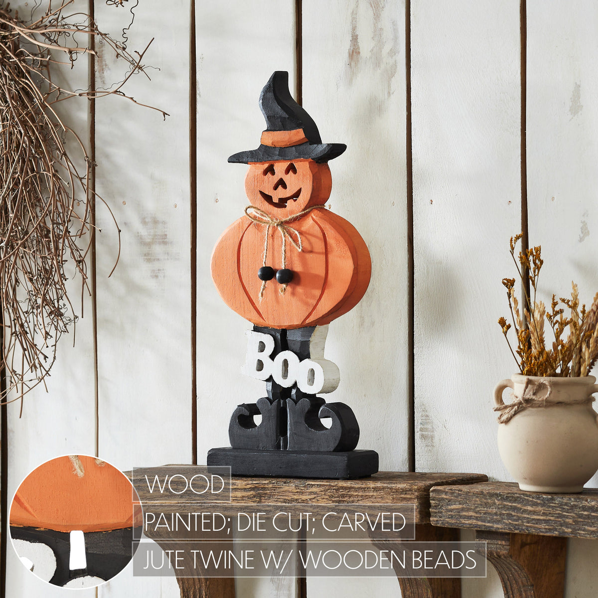 Boo Wooden Jack O Lantern Halloween Fall Seasonal Decor Rustic Carved Wood Tabletop Accent 15.5 H x 7.25 W x 2 D
