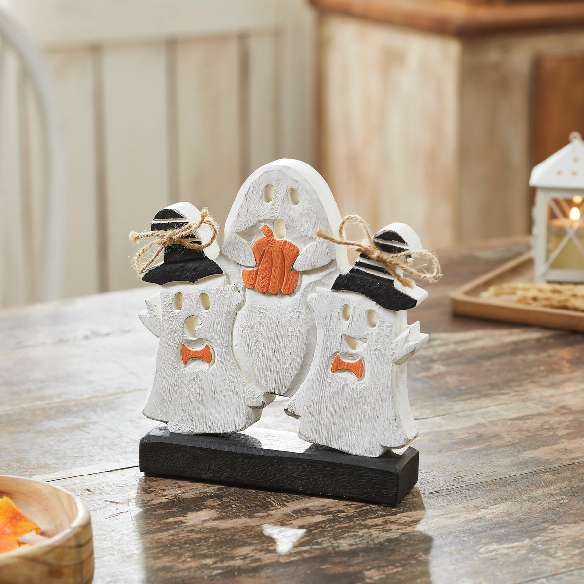 Spooky Halloween Wooden Ghoul Figurines 8.5x7.5x2 Inch Tabletop Decor