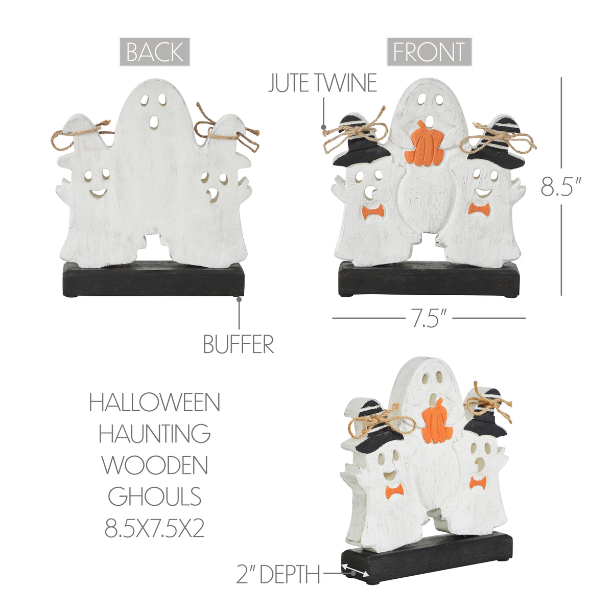 Spooky Halloween Wooden Ghoul Figurines 8.5x7.5x2 Inch Tabletop Decor