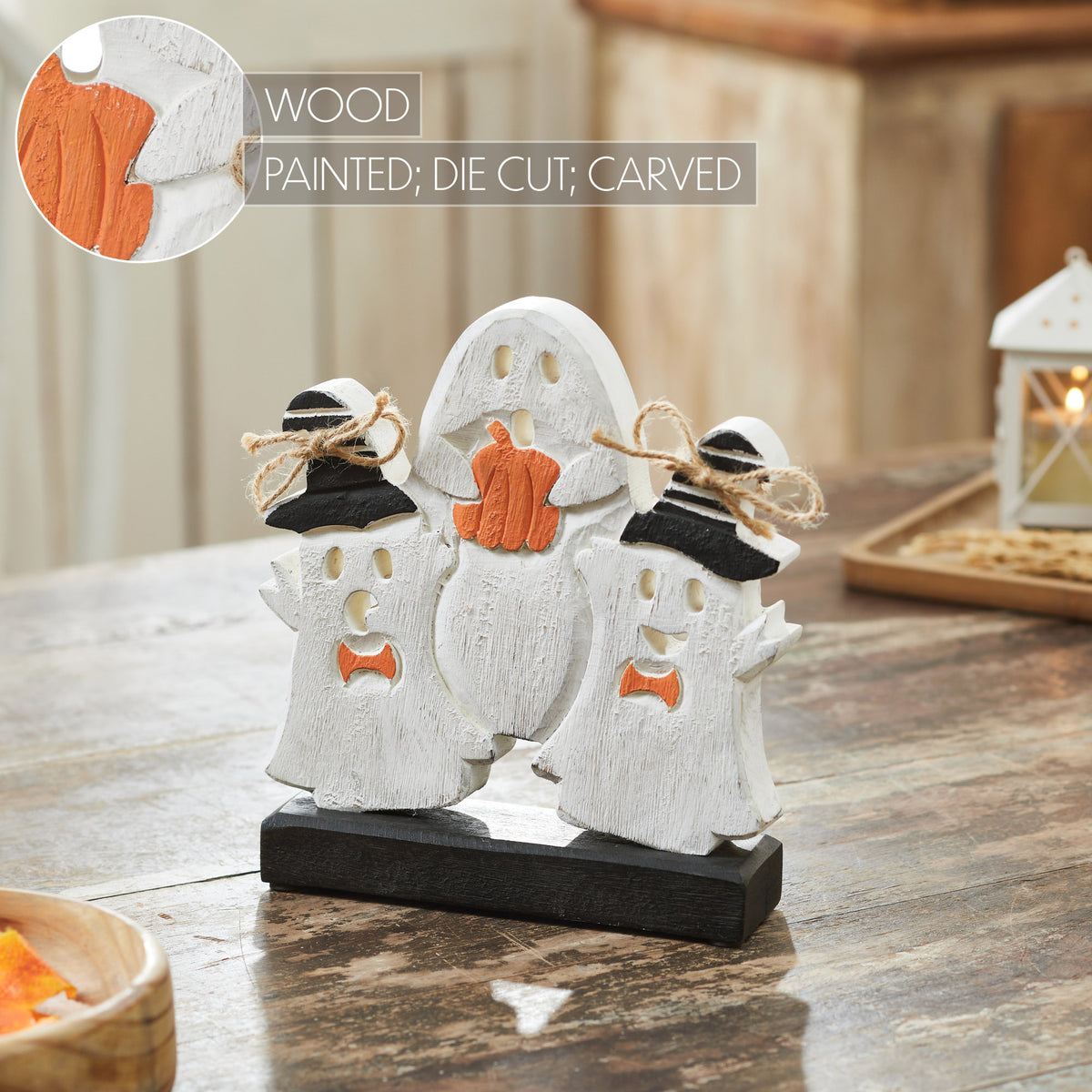 Spooky Halloween Wooden Ghoul Figurines 8.5x7.5x2 Inch Tabletop Decor