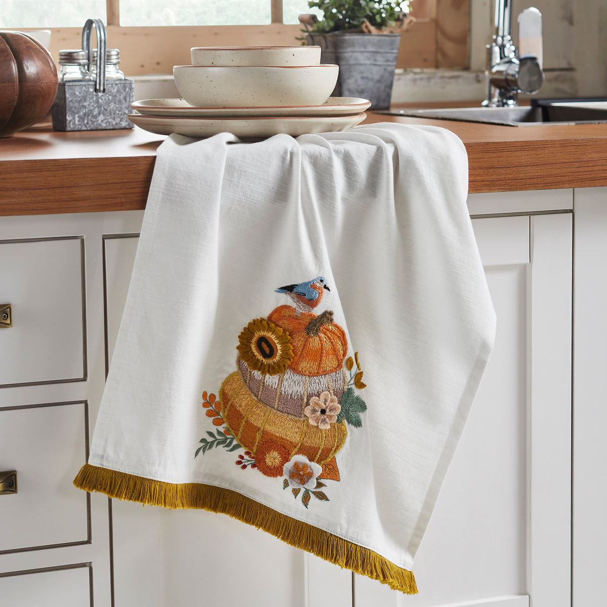Fall Harvest Pumpkin Floral Cotton Kitchen Tea Towel 19x28, Decorative Dish Towel