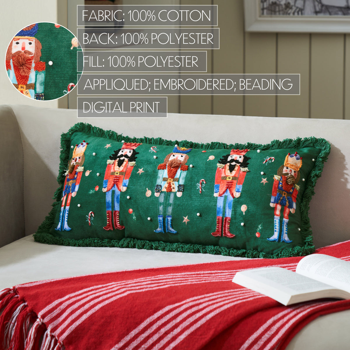 Nutcracker Green Fringed Pillow 12x24