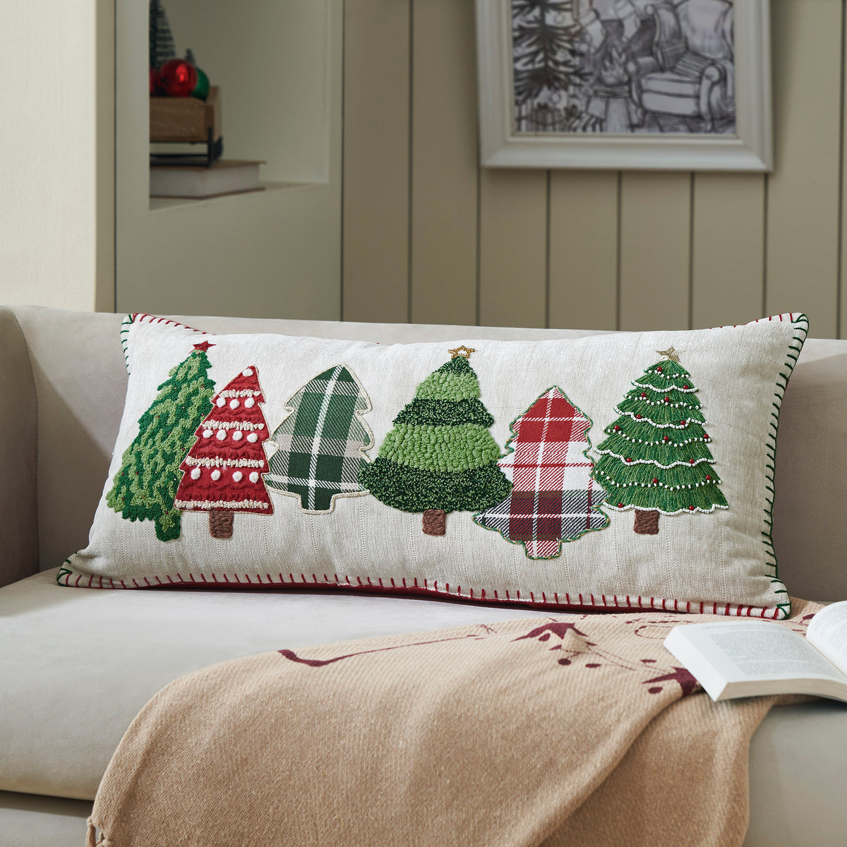 Red and Green Applique Tree Pillow with Embroidery 14x30