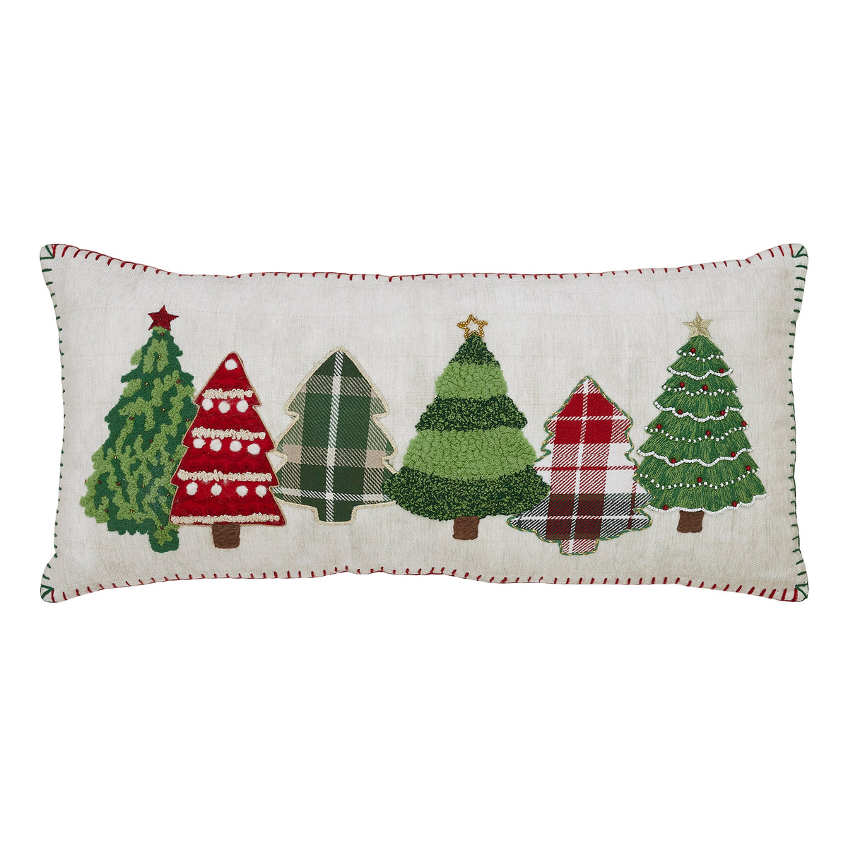 Red and Green Applique Tree Pillow with Embroidery 14x30