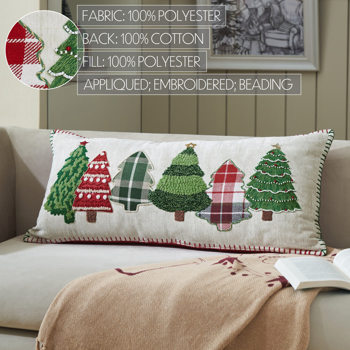 Red and Green Applique Tree Pillow with Embroidery 14x30