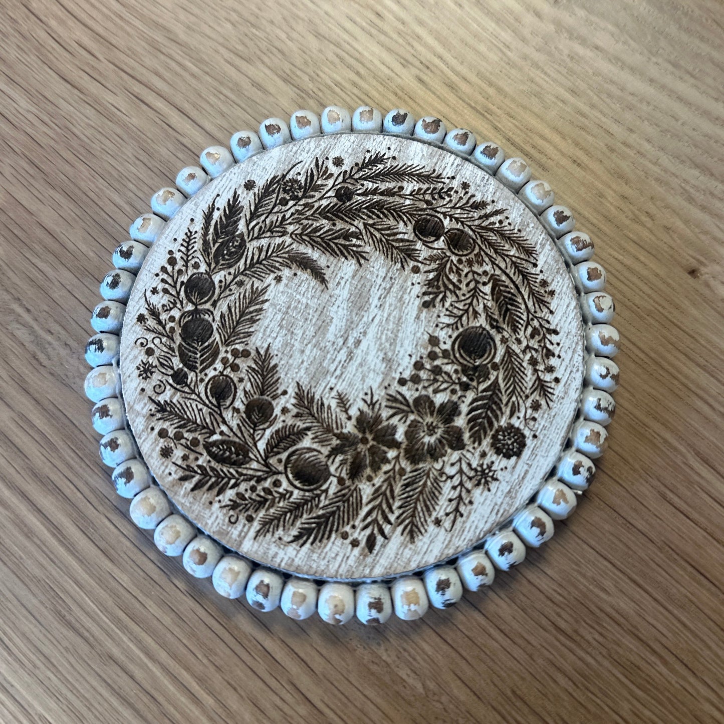 White Beaded Christmas Farmhouse Coaster Set - 4 Piece Set