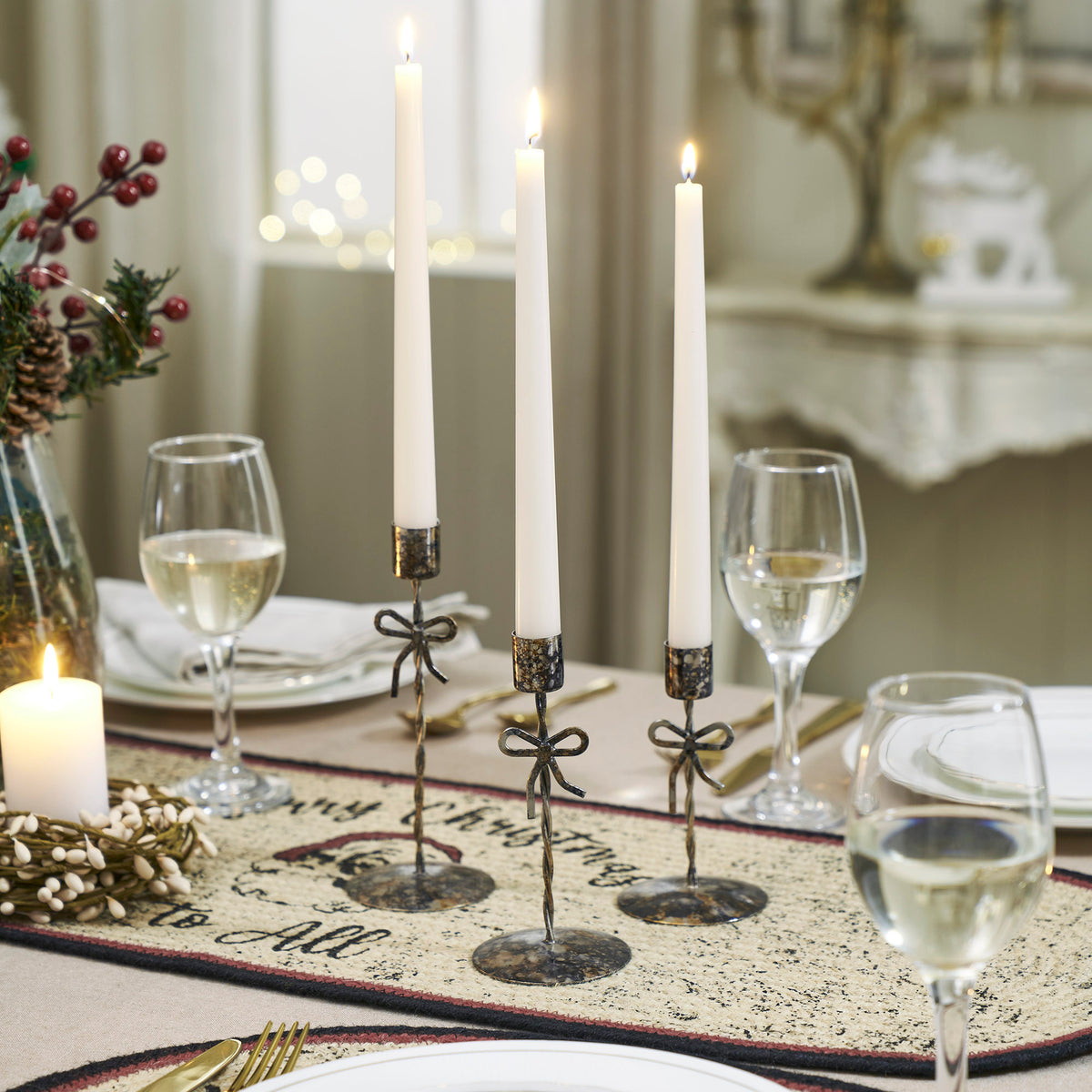 Bow Candlestick Holders Burnished Metal Set of 3 - 5.25/6.25/7.5 inch