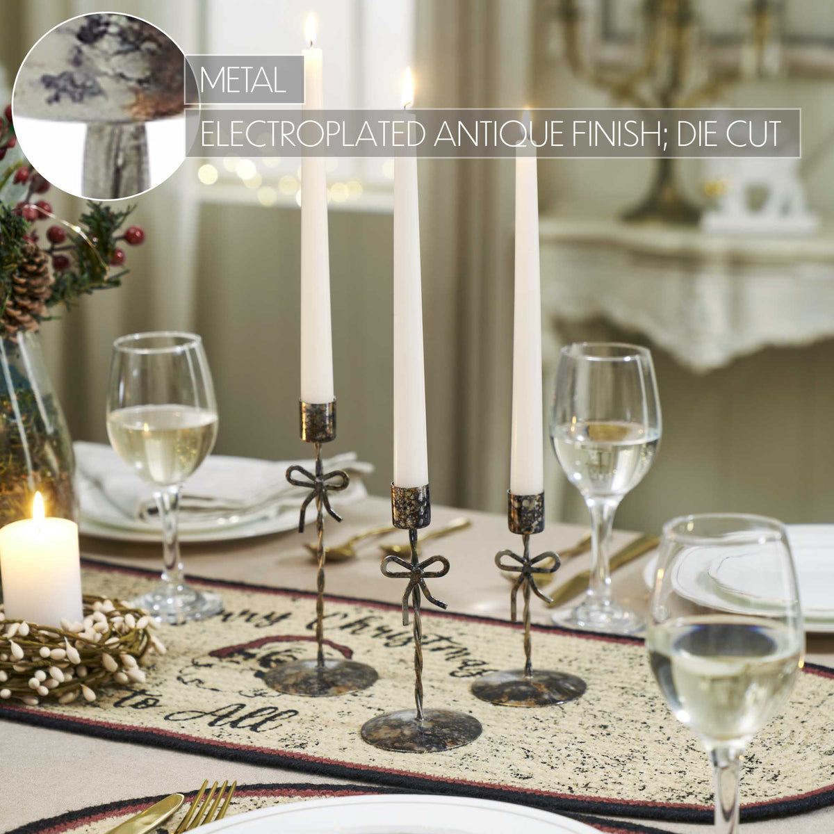Bow Candlestick Holders Burnished Metal Set of 3 - 5.25/6.25/7.5 inch