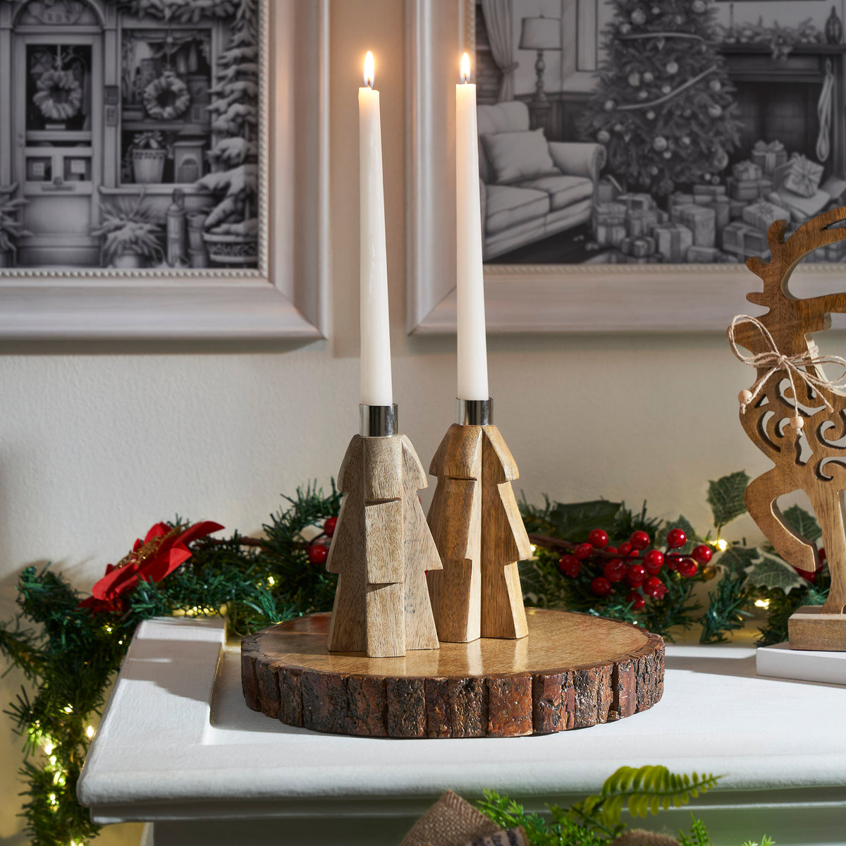 Tree Natural Wooden Taper Candle Holder Set of 2 - 6x3x3