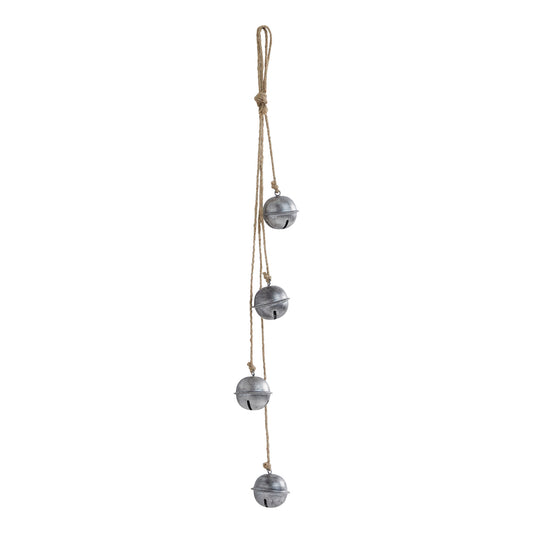 Tarnished Metal Decorative Bells on Jute Hanging Rope 23.5x2.5x2.5