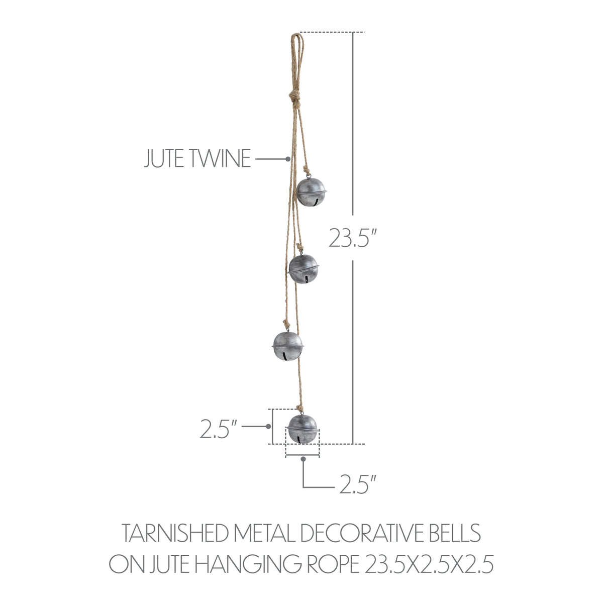 Tarnished Metal Decorative Bells on Jute Hanging Rope 23.5x2.5x2.5