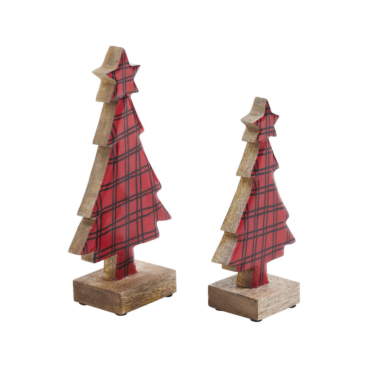 Red Plaid Natural Wooden Tree Set of 2 - 8x4.5x2.25/9.75x5.5x2.25