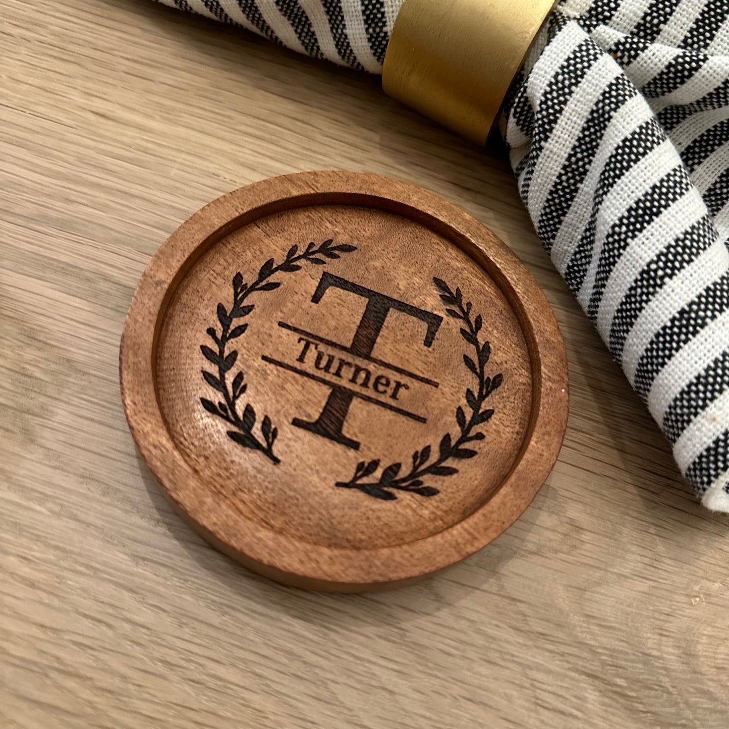 Round Monogram Wood Coaster | Acacia Wood | Personalized