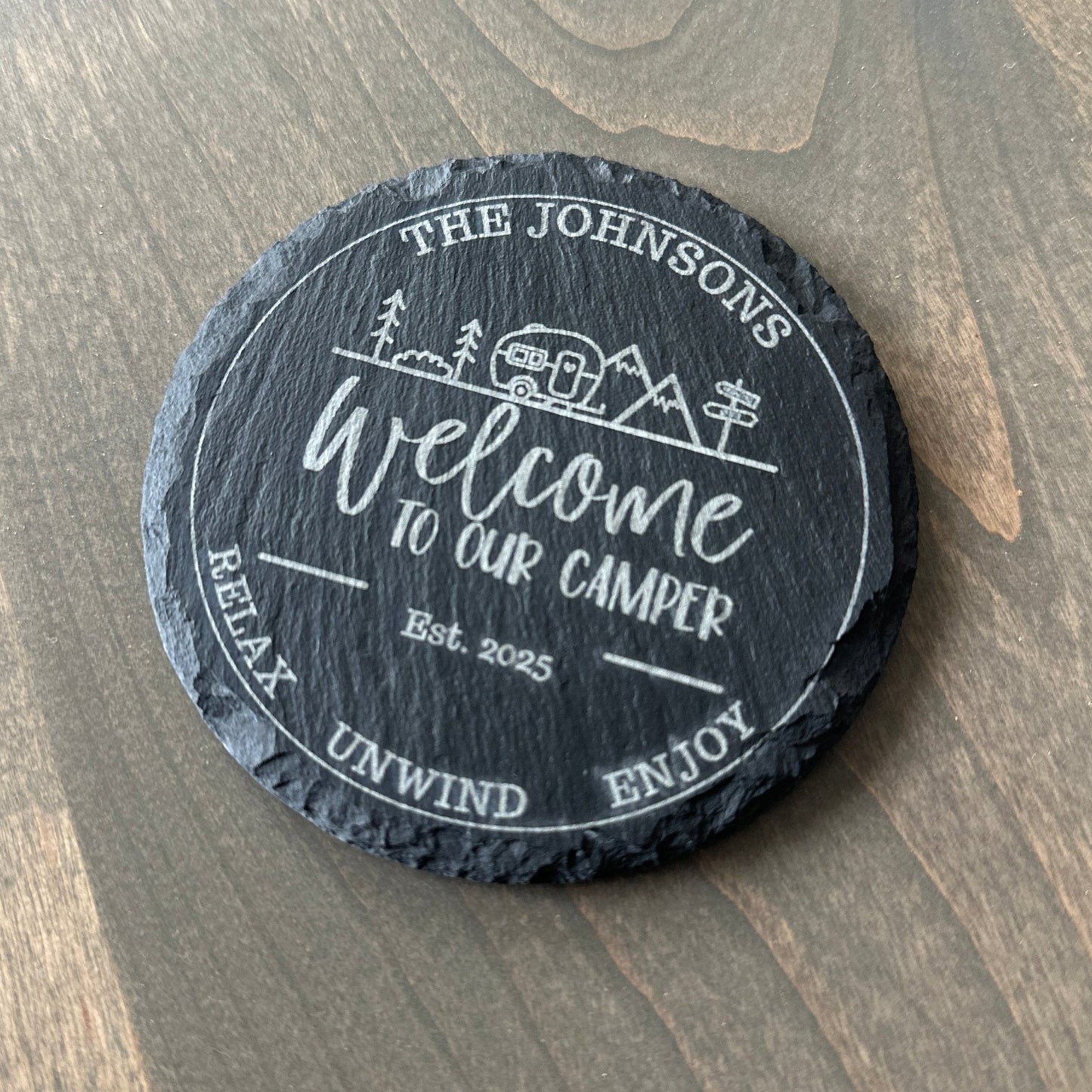Camping Slate Coaster Set – Custom Round Drink Coasters for Outdoor Summer Fun - Seeds & Sawdust