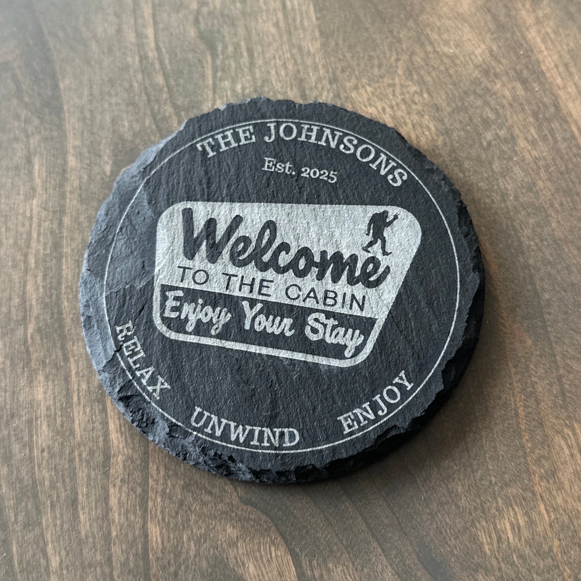 Camping Slate Coaster Set – Custom Round Drink Coasters for Outdoor Summer Fun - Seeds & Sawdust
