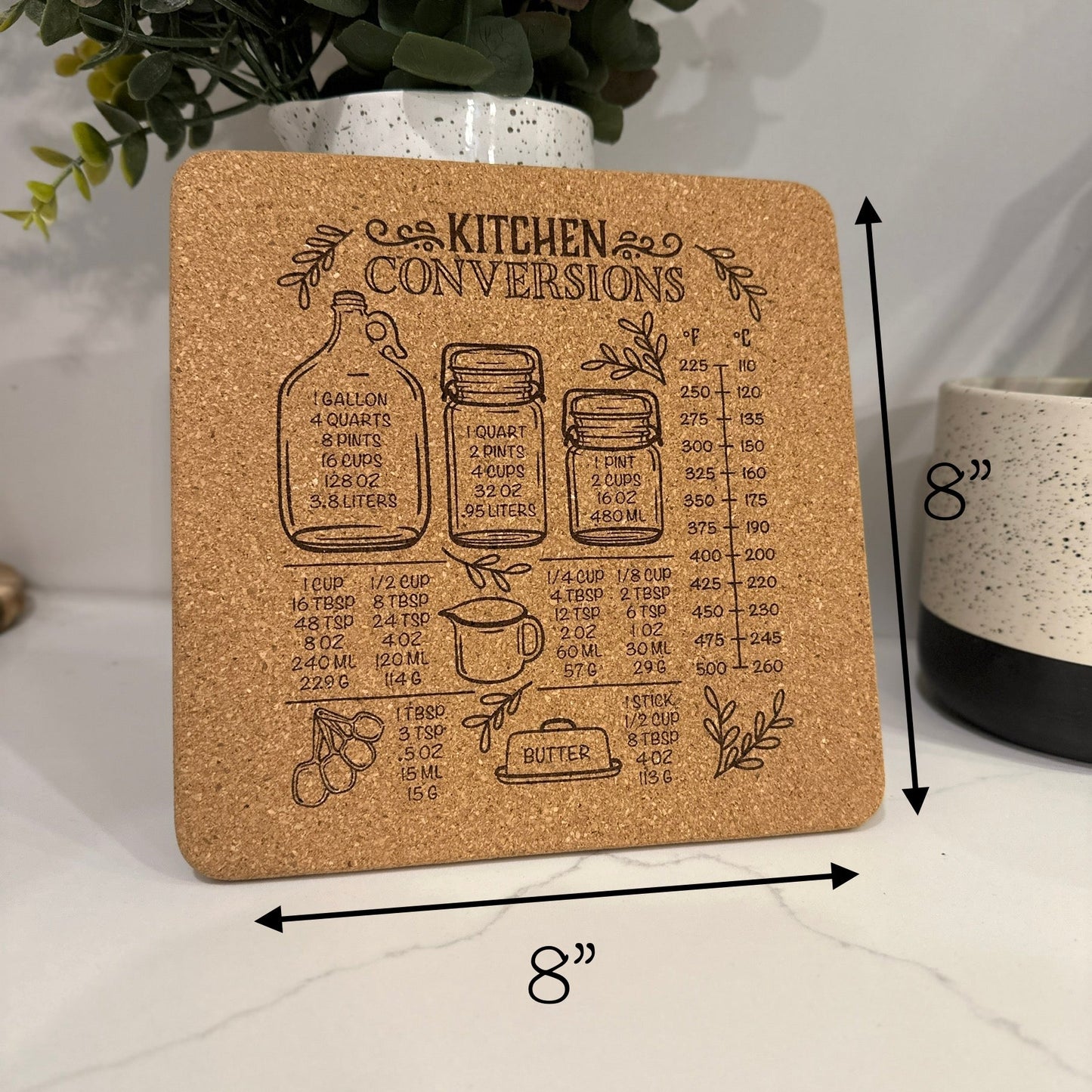 Cork Trivet | Kitchen Conversion or Temp Chart | Square Trivet | Hot Pad - Seeds & Sawdust