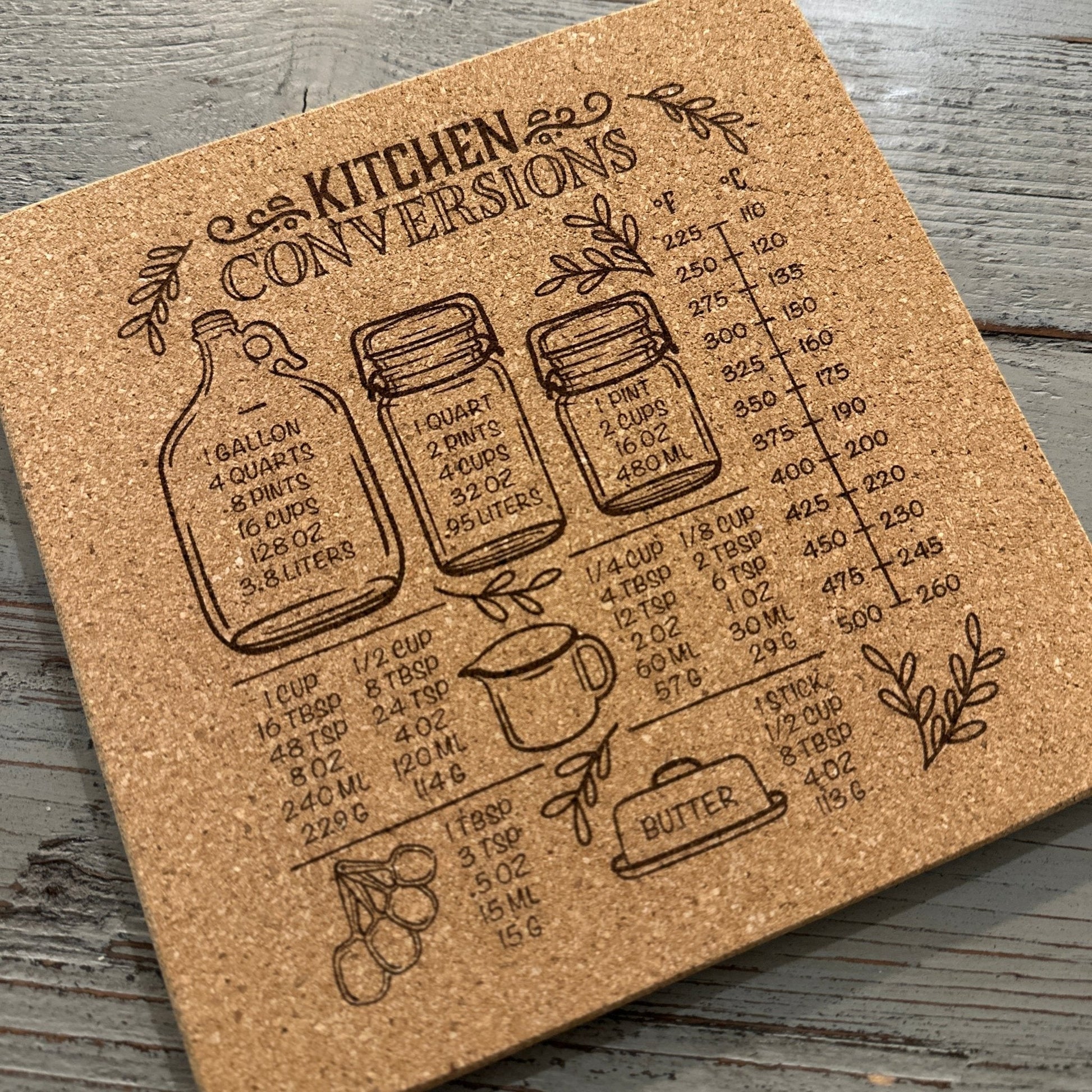 Cork Trivet | Kitchen Conversion or Temp Chart | Square Trivet | Hot Pad - Seeds & Sawdust