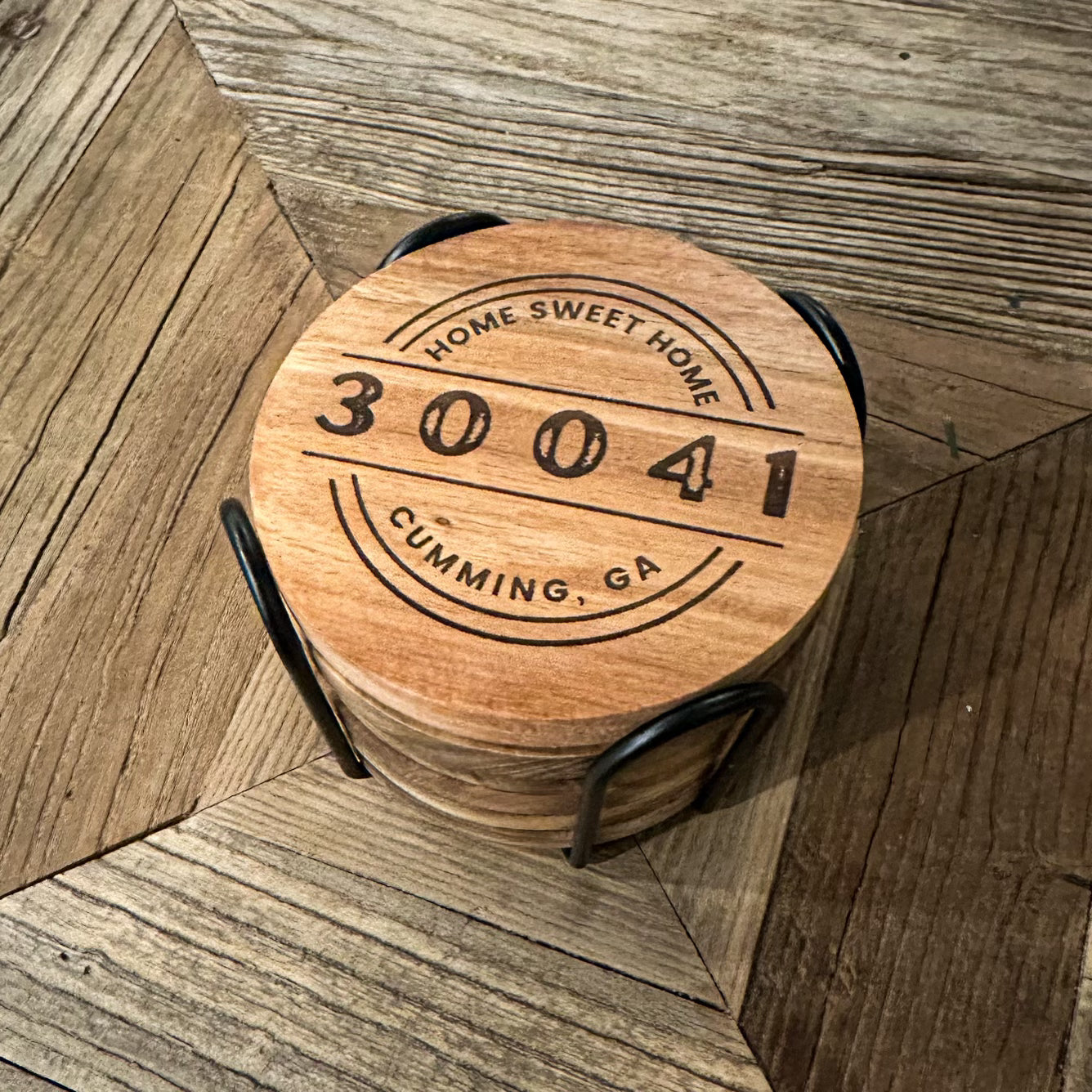 Personalized Round City & Zip Code Coaster Set – Custom Acacia Wood or Cork Coasters with Holder