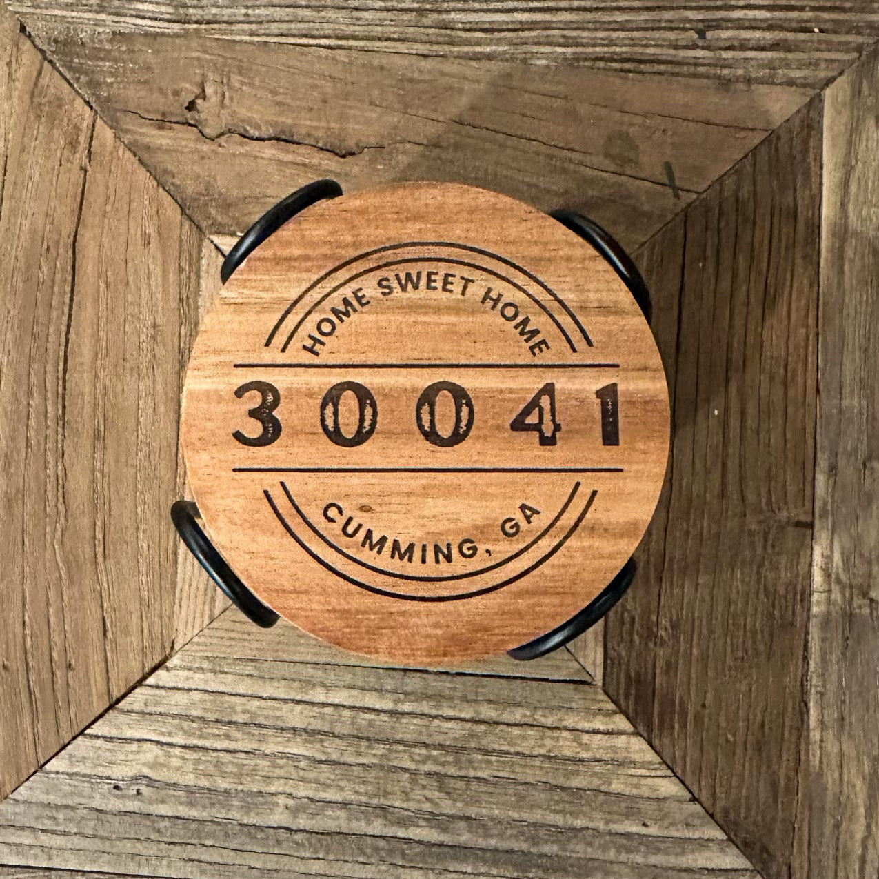 Personalized Round City & Zip Code Coaster Set – Custom Acacia Wood or Cork Coasters with Holder